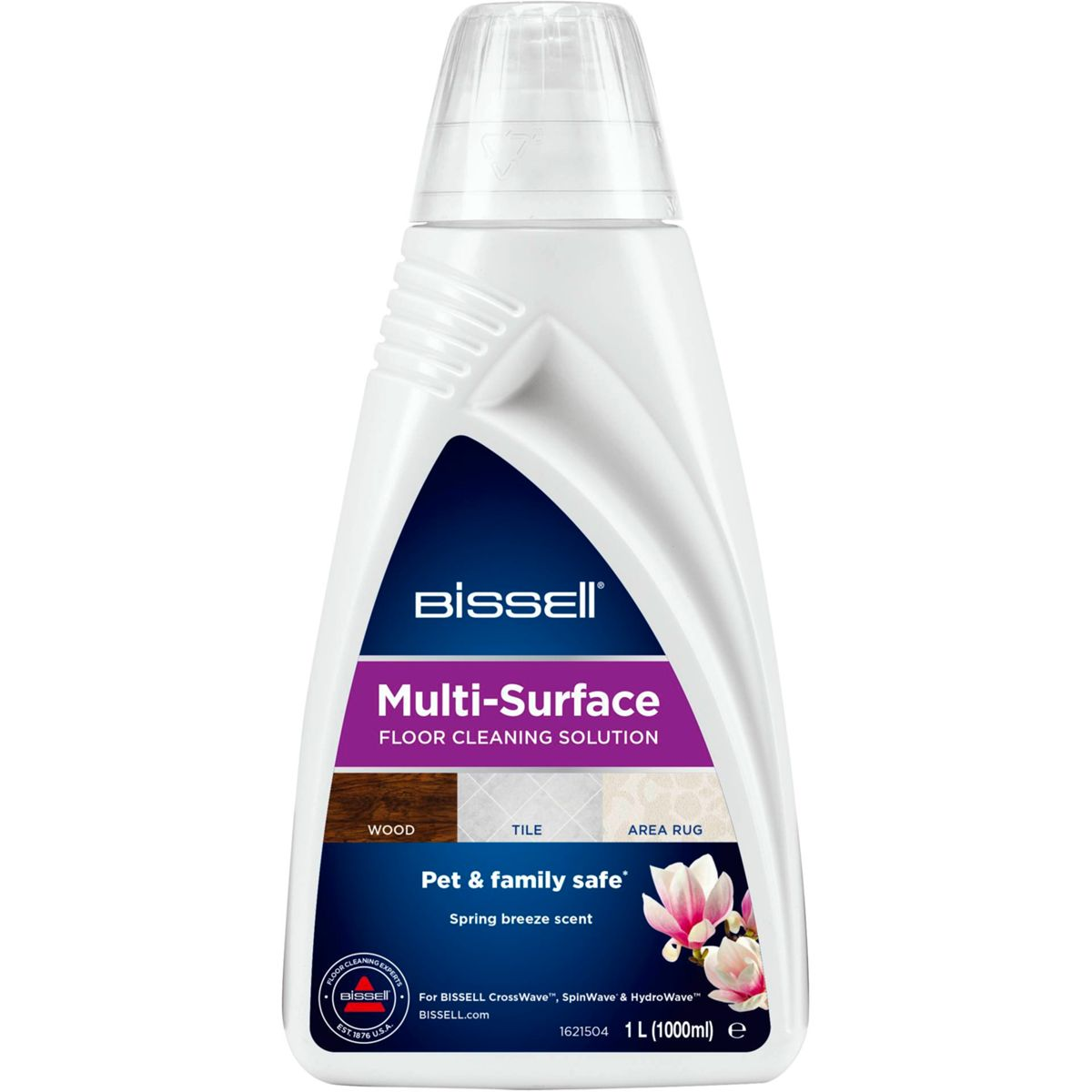 Flacone di detergente per pavimenti multi-superficie. Le etichette includono legno, piastrelle, tappeto e sicuro per animali domestici/famiglia.