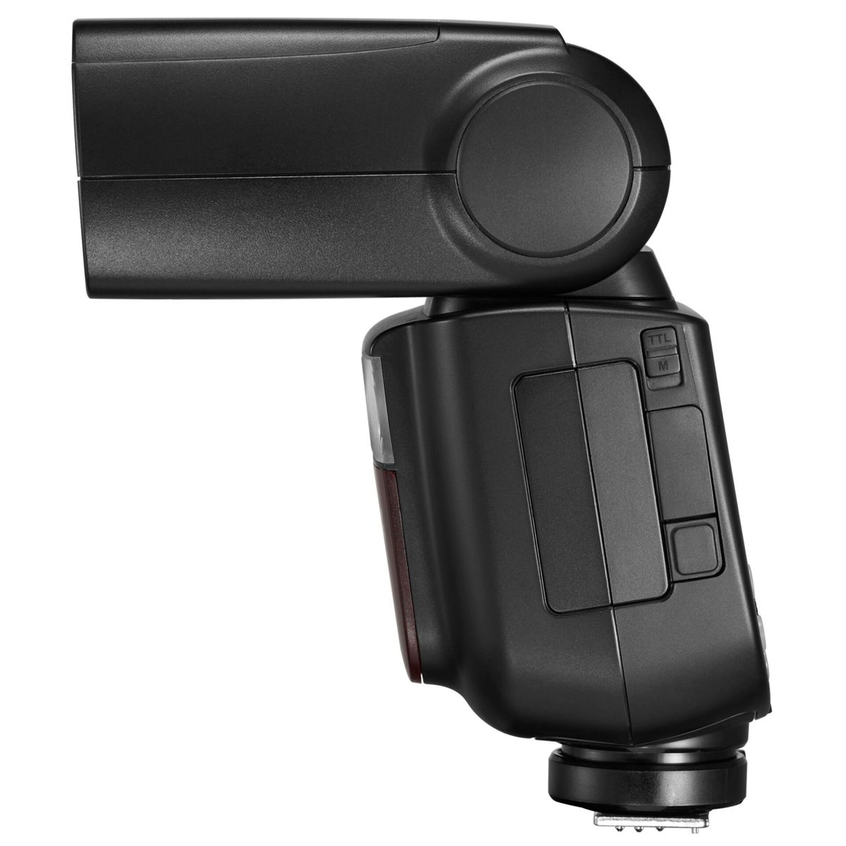 Czarna lampa błyskowa do aparatu, lekko pochylona. Widoczne przyciski i ekran. Głowica błysku jest na górze.