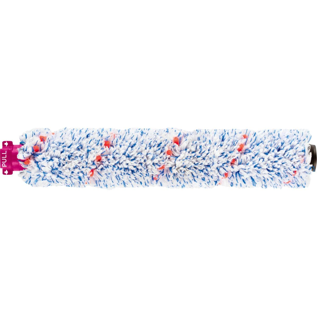Rullo spazzola per aspirapolvere bianco e blu con setole arancioni e linguetta.