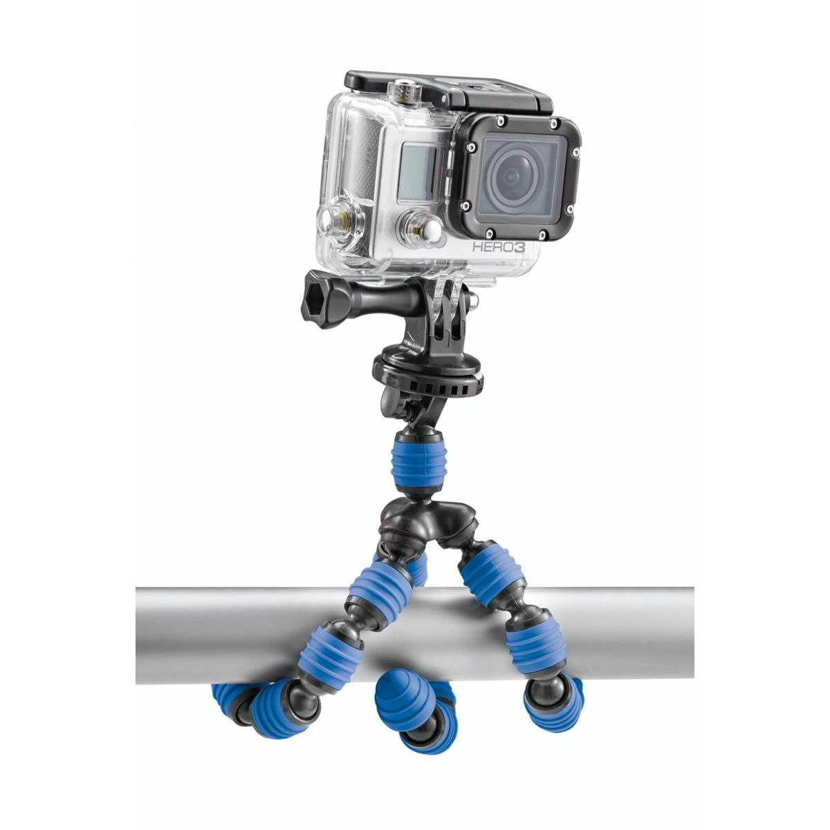 Cámara GoPro sujeta a un trípode flexible. El trípode tiene segmentos azules y negros.