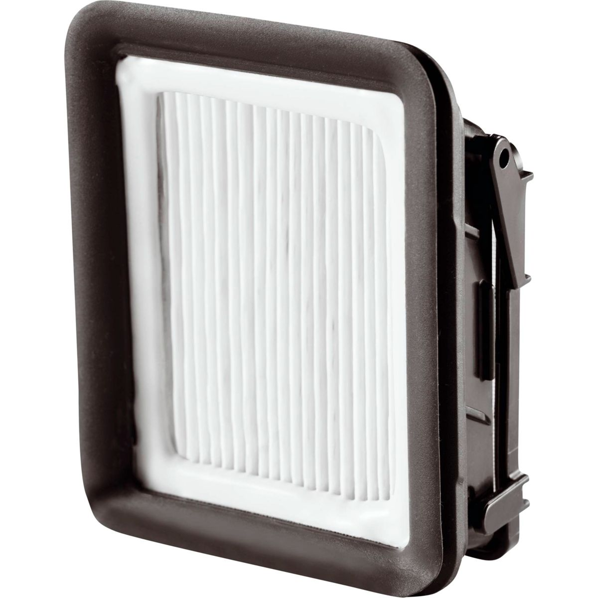Filtro dell'aria rettangolare in cornice nera. Il filtro è bianco con scanalature verticali.