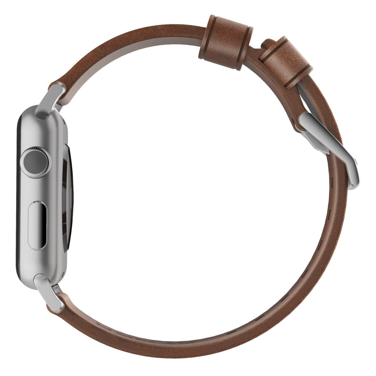 Widok z boku srebrnego Apple Watch z brązowym skórzanym paskiem.
