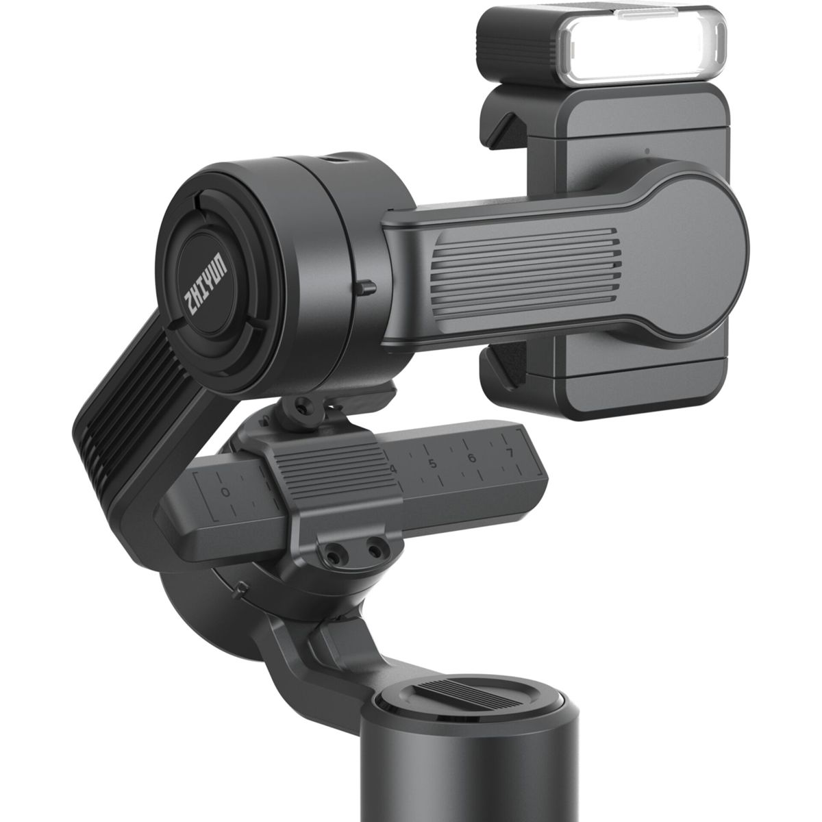 Zwarte gimbal stabilisator met flits en ZHIYUN logo.