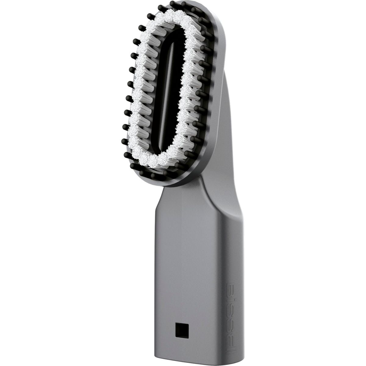 Accessorio per aspirapolvere. Colore grigio. Ripresa ravvicinata. Sfondo bianco.