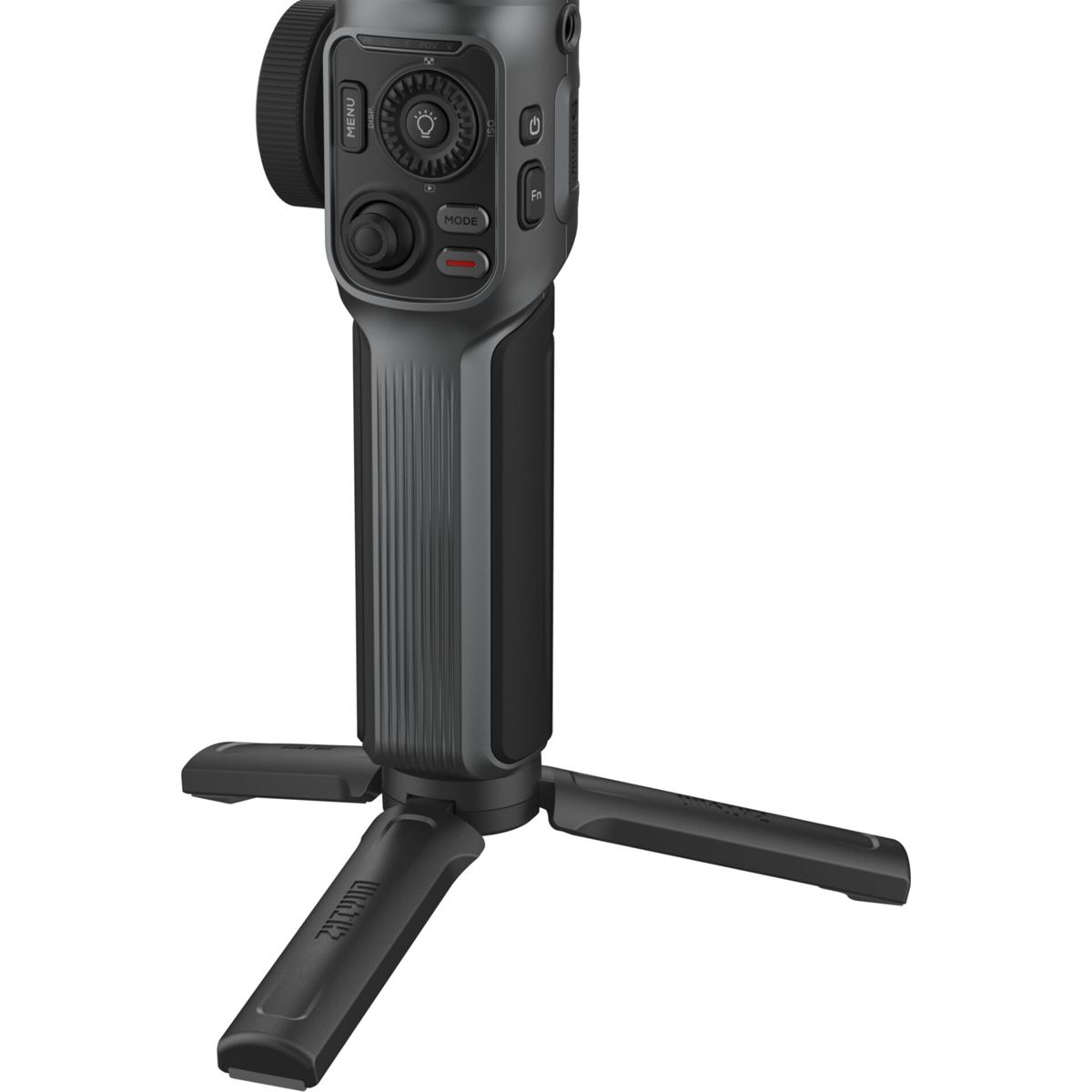 Een grijze en zwarte handheld gimbal stabilizer. Voorzien van knoppen en een kleine statief.