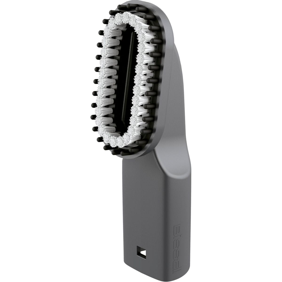 Una testina grigia di una spazzola per la pulizia con setole bianche.