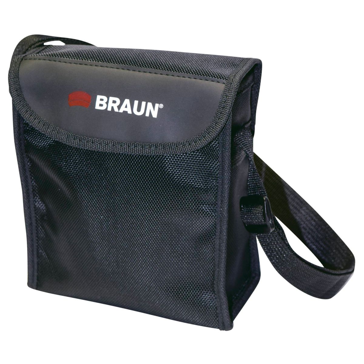 Una borsa Braun nera con tracolla. Presenta un logo rosso e il marchio Braun in bianco.