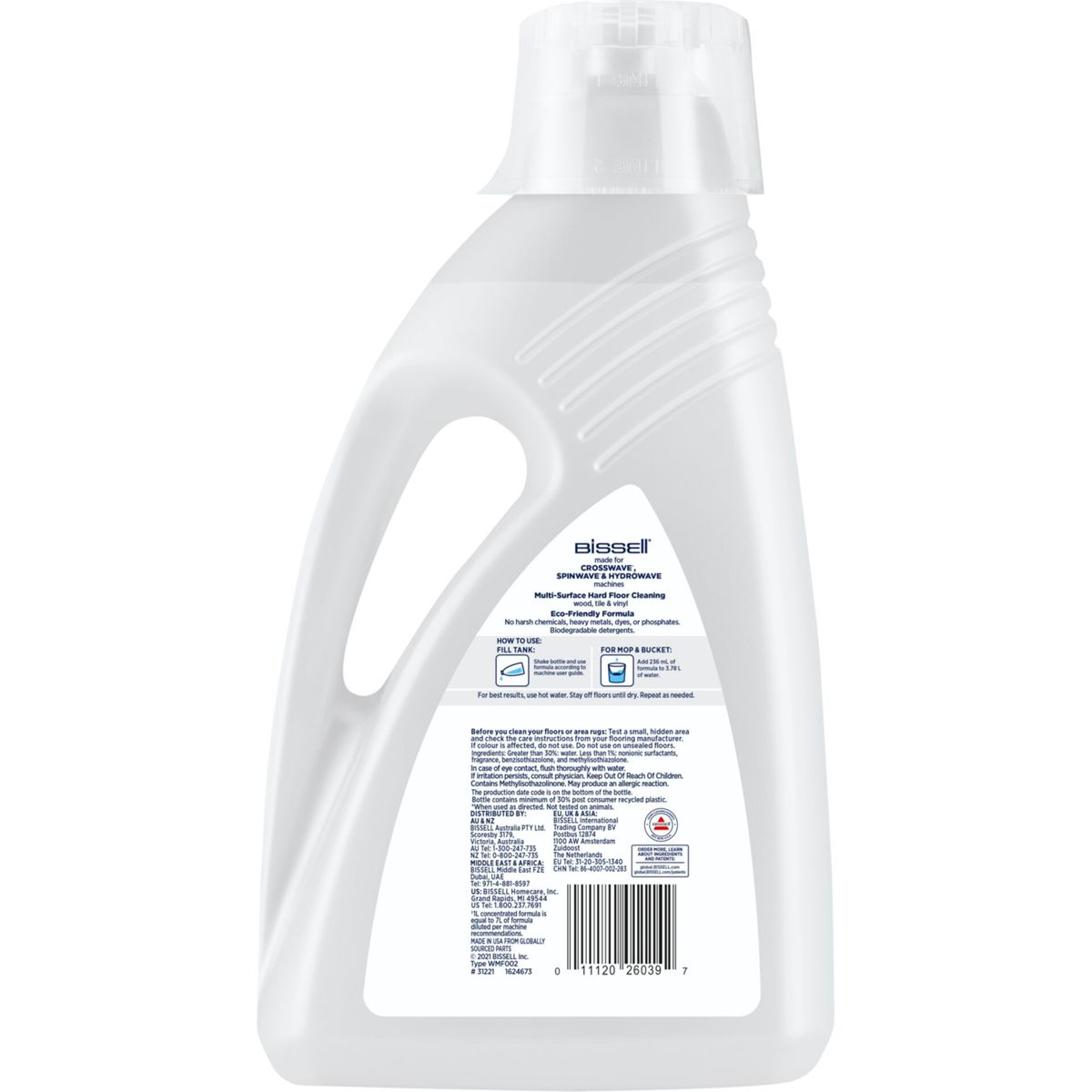 Fles schoonmaakmiddel. Tekst op het etiket. Witte fles, witte achtergrond.