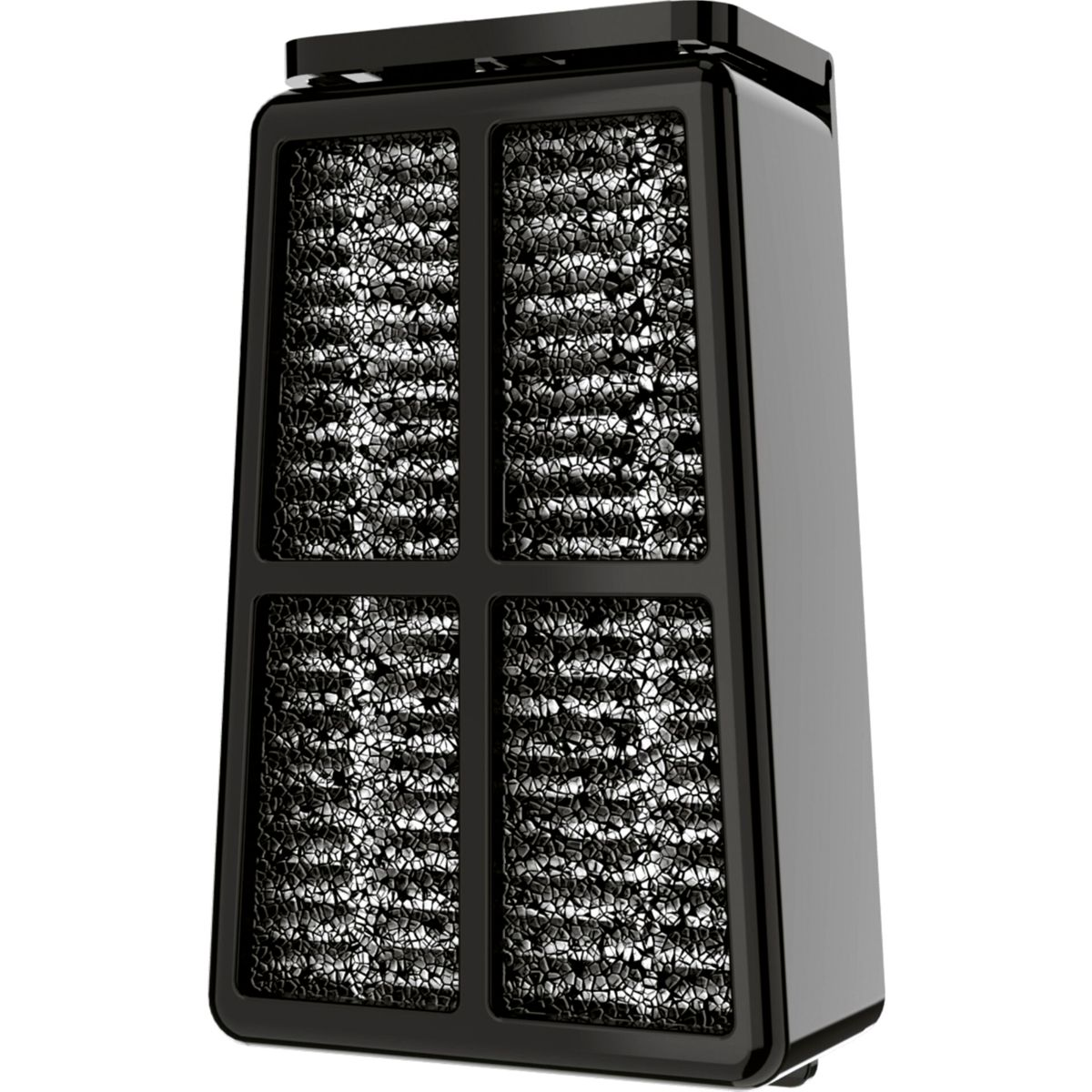 Purificatore d'aria nero. Il fronte ha quattro sezioni rettangolari con materiale filtrante.