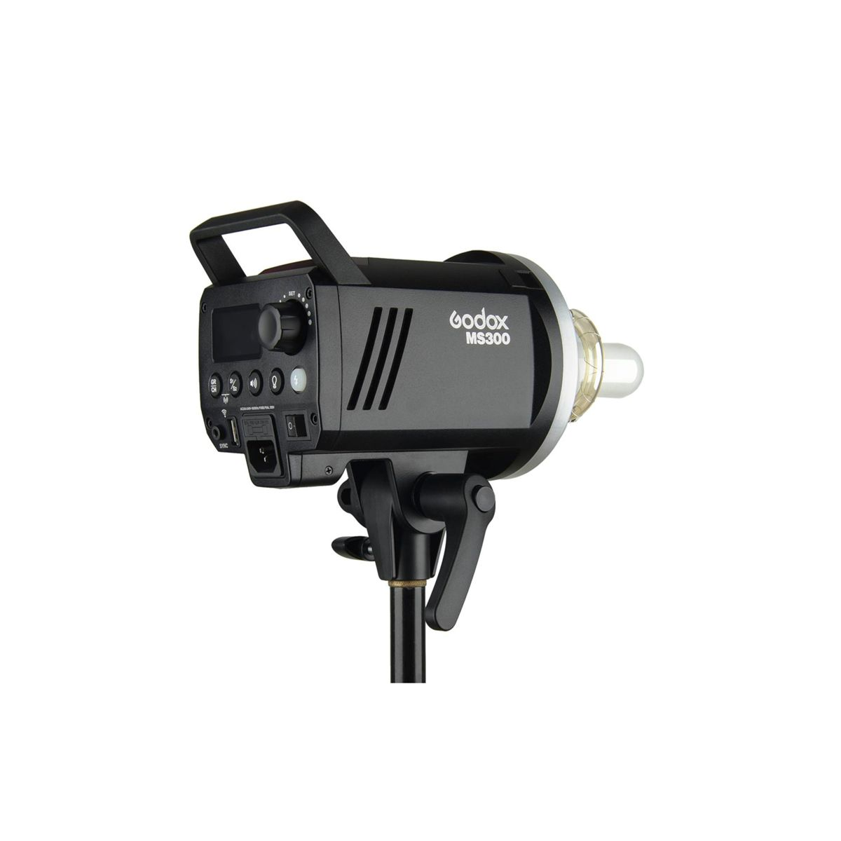Schwarzer Godox MS300 Studioblitz mit Griff, Licht und Stativhalterung.