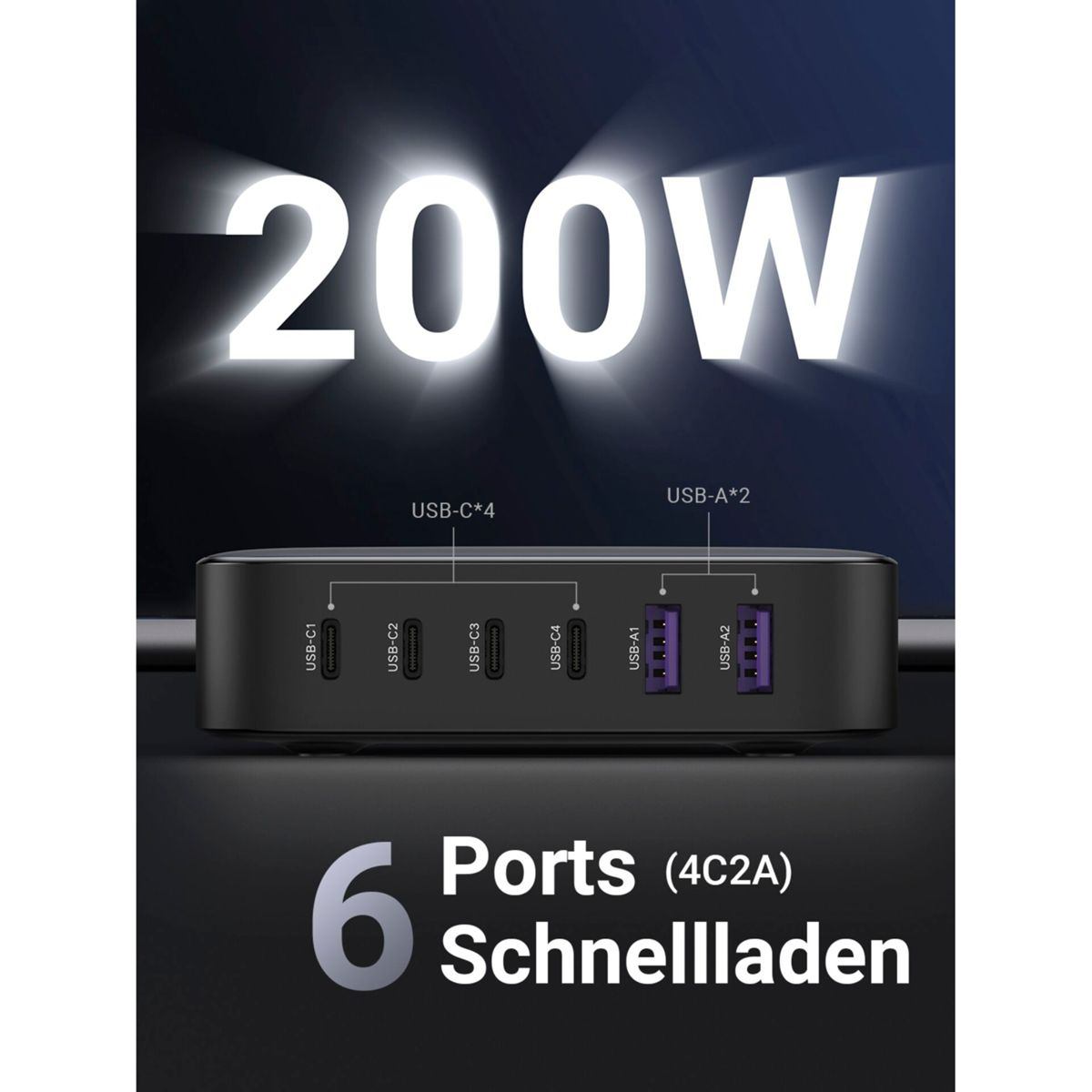 Zwarte USB-hub met meerdere gemarkeerde poorten, en de tekst 200W, 6 Ports.