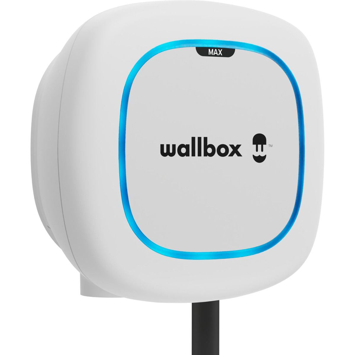 Weiße und blaue Wallbox-Ladestation mit blauem Lichtring und dem Wort 'wallbox'.