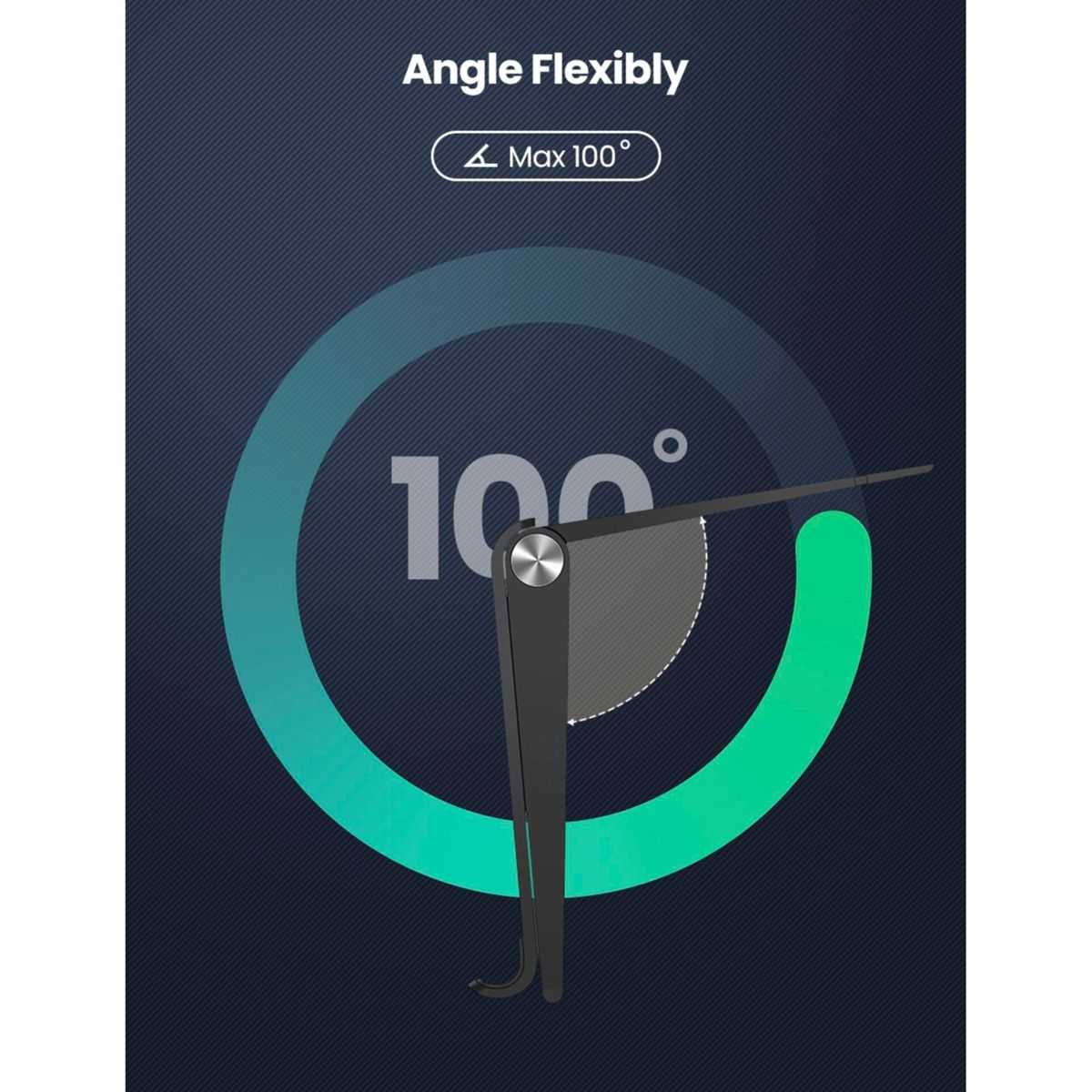 Diagram przedstawiający czarne urządzenie, które można odchylić do 100 stopni, na ciemnoniebieskim tle.