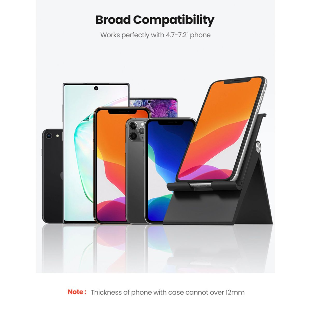 Różne smartfony wyświetlane na stojaku na telefon, aby zademonstrować kompatybilność.