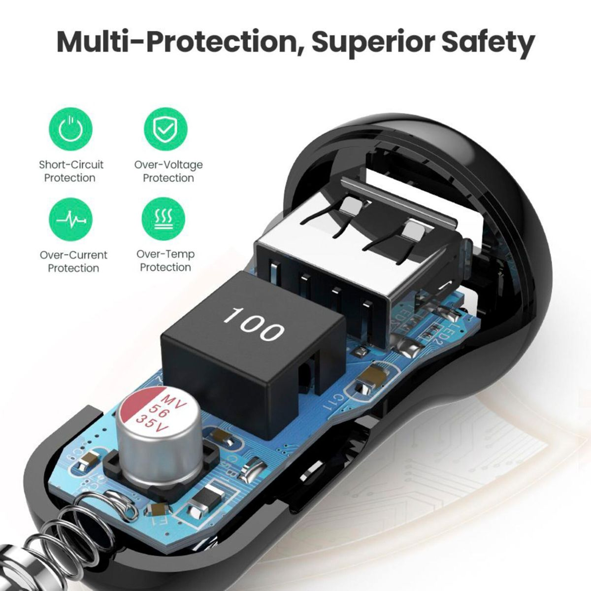 Czarna ładowarka samochodowa z portami USB i schematem obwodu. Białe tło.