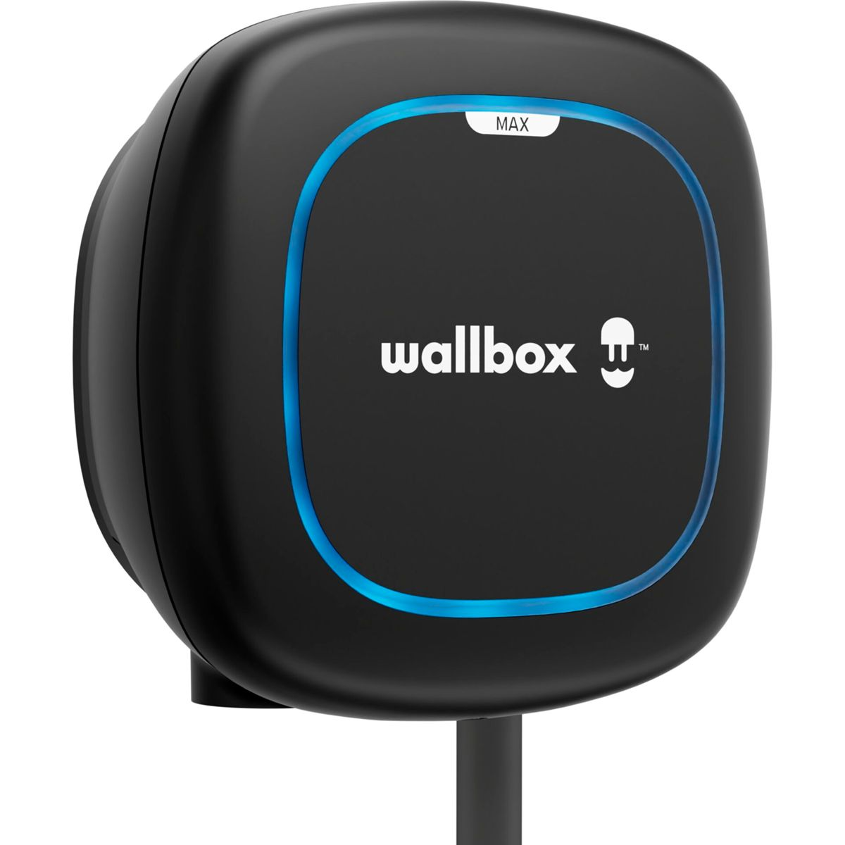 Schwarze Wallbox-Ladestation mit blauem Licht, 'wallbox'-Logo sichtbar.