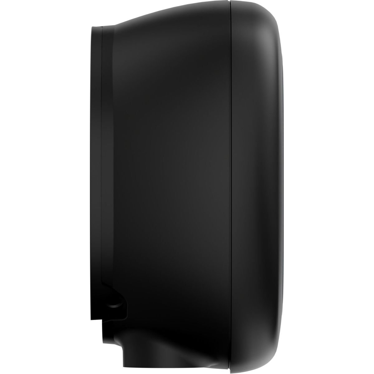 Schwarze Ladestation. Es hat ein schlankes, geschwungenes Design. Das Seitenprofil ist sichtbar.