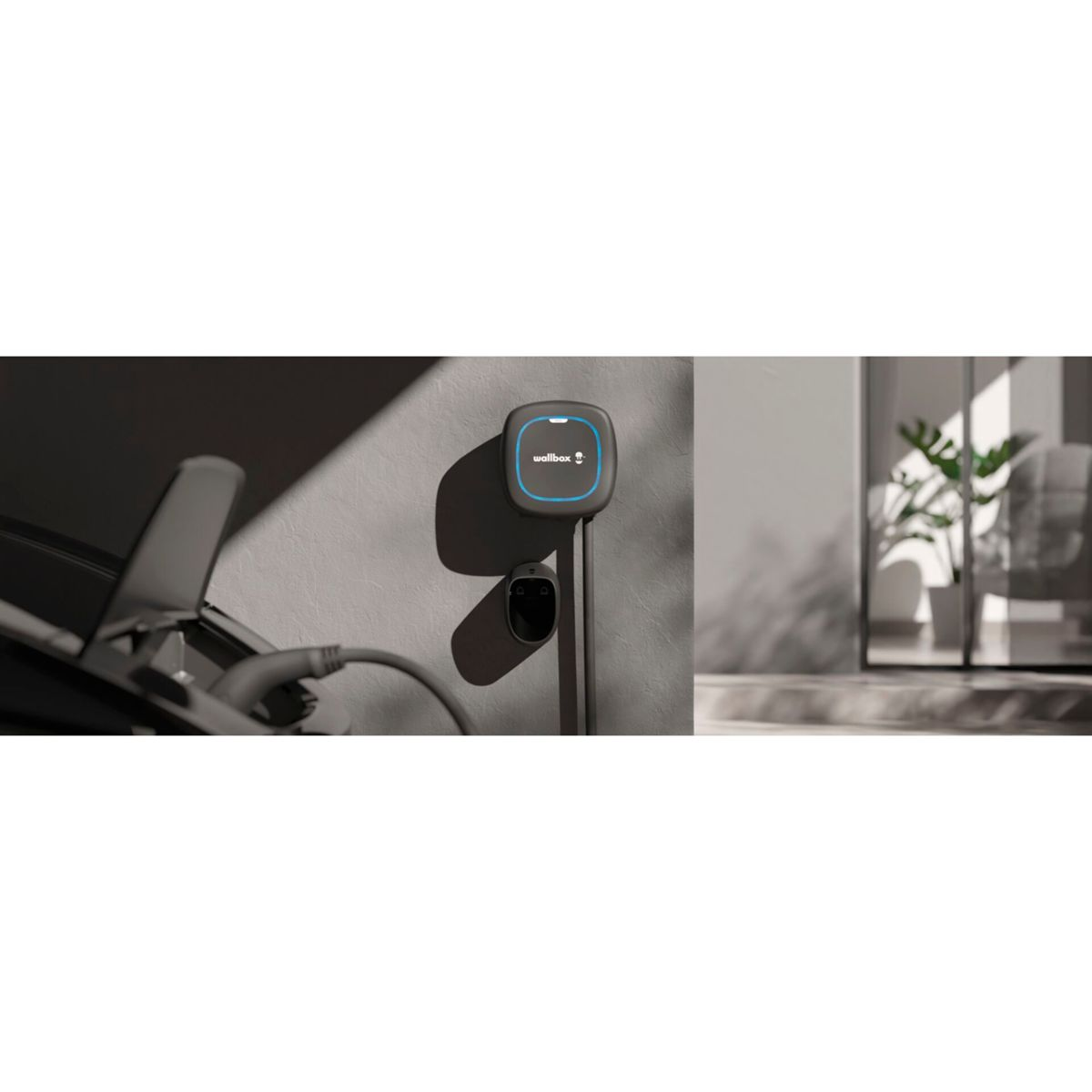 Wallbox-Ladestation für Elektroautos. Die Ladestation ist an einer Wand montiert.