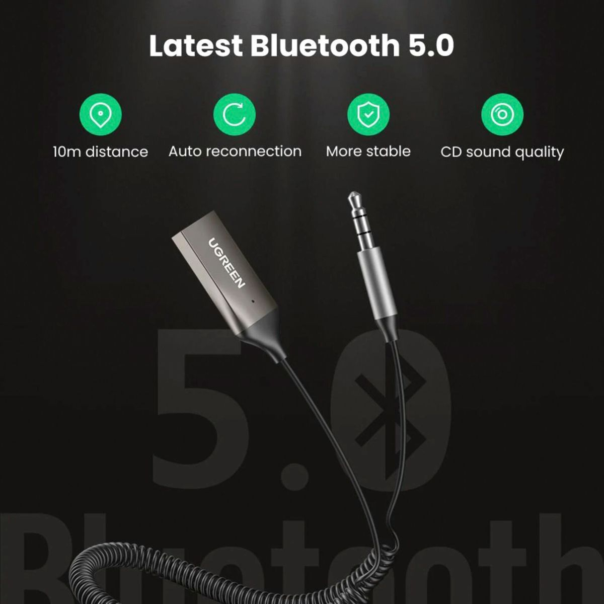Siyah ve gri UGREEN Bluetooth 5.0 adaptörü, simgeler ve metin.