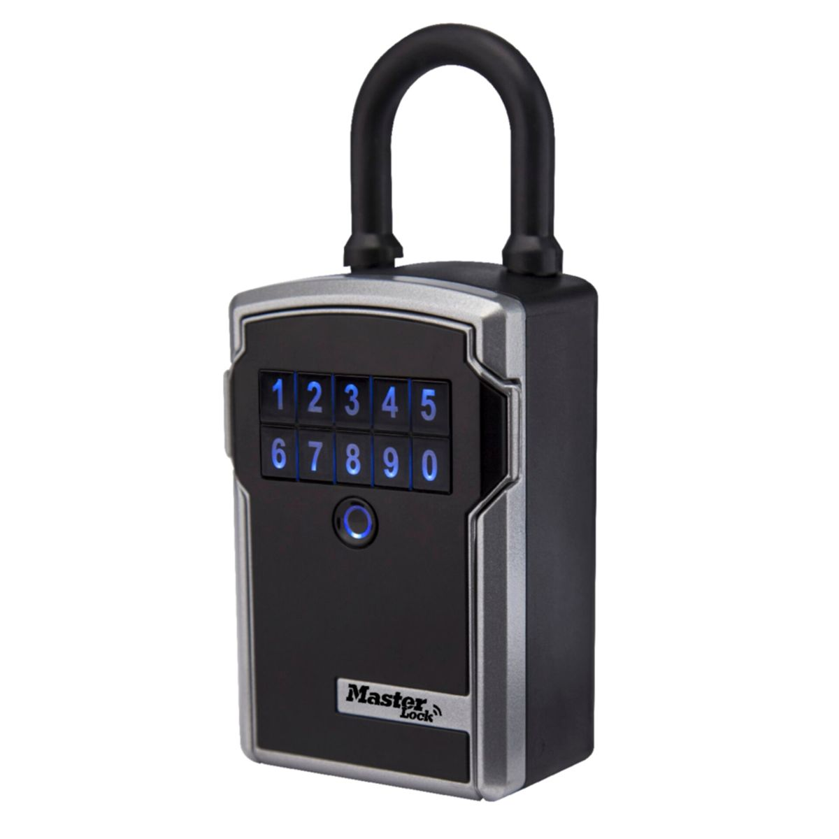 Caja fuerte de llaves Master Lock negra con números azules.