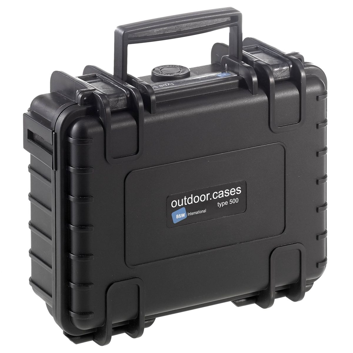 Schwarzer Outdoor-Koffer mit Griff und dem Text "outdoor.cases type 500".