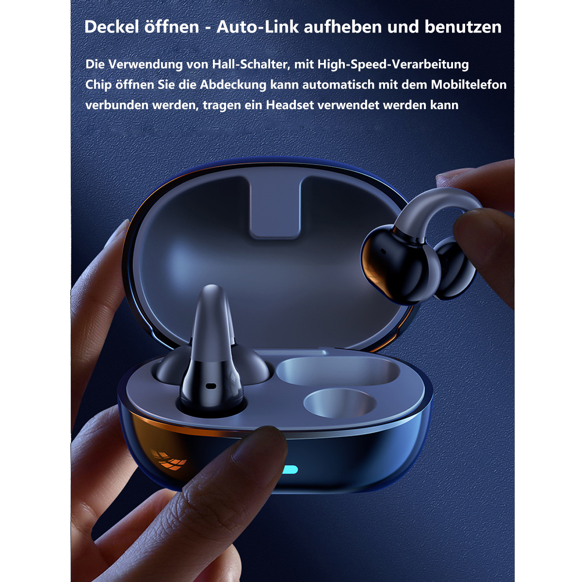 Kabellose Kopfhörer in einem Ladecase, mit deutschem Text darüber.