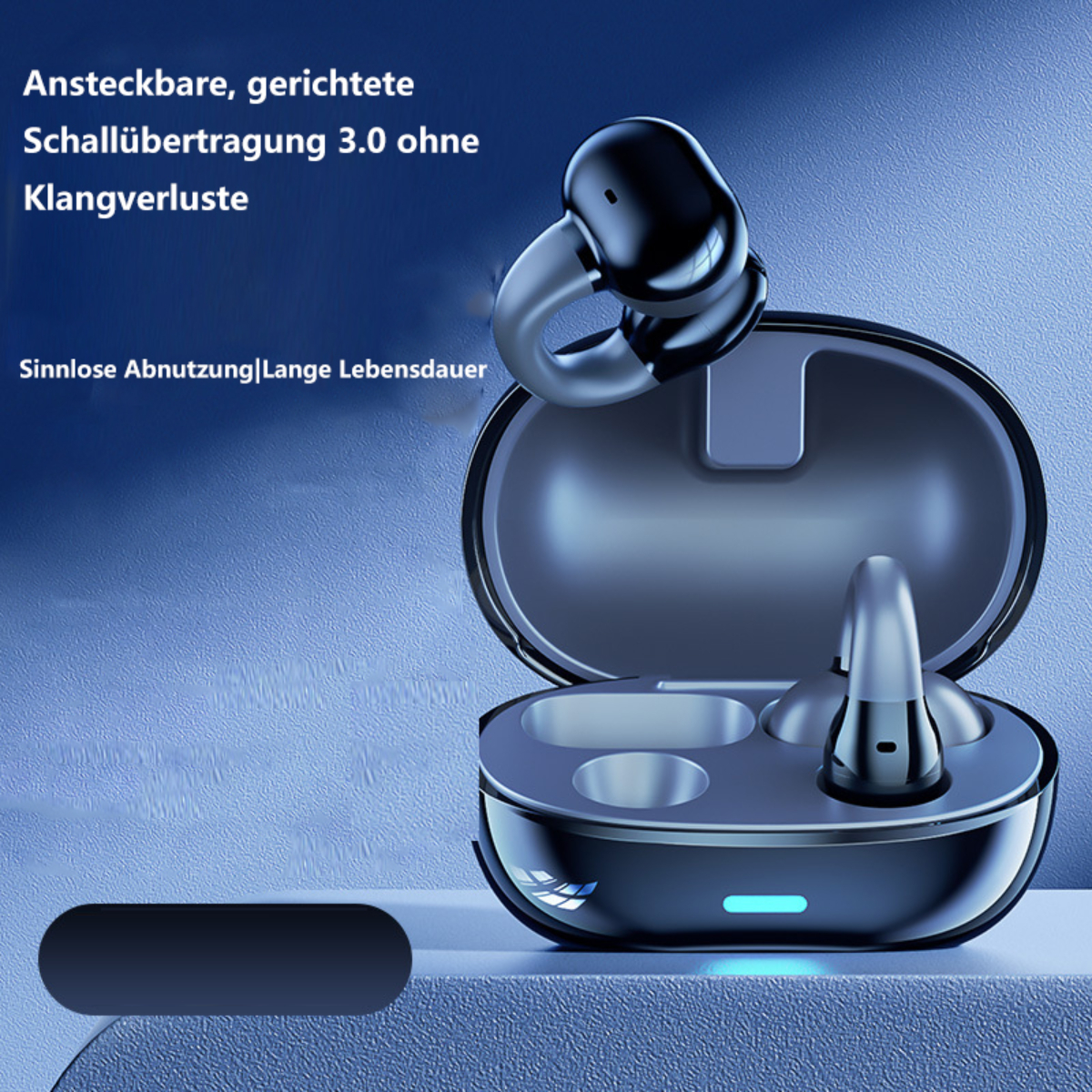 Ohrhörer in einem Etui. Text über Schallübertragung und Akkulaufzeit ist sichtbar.
