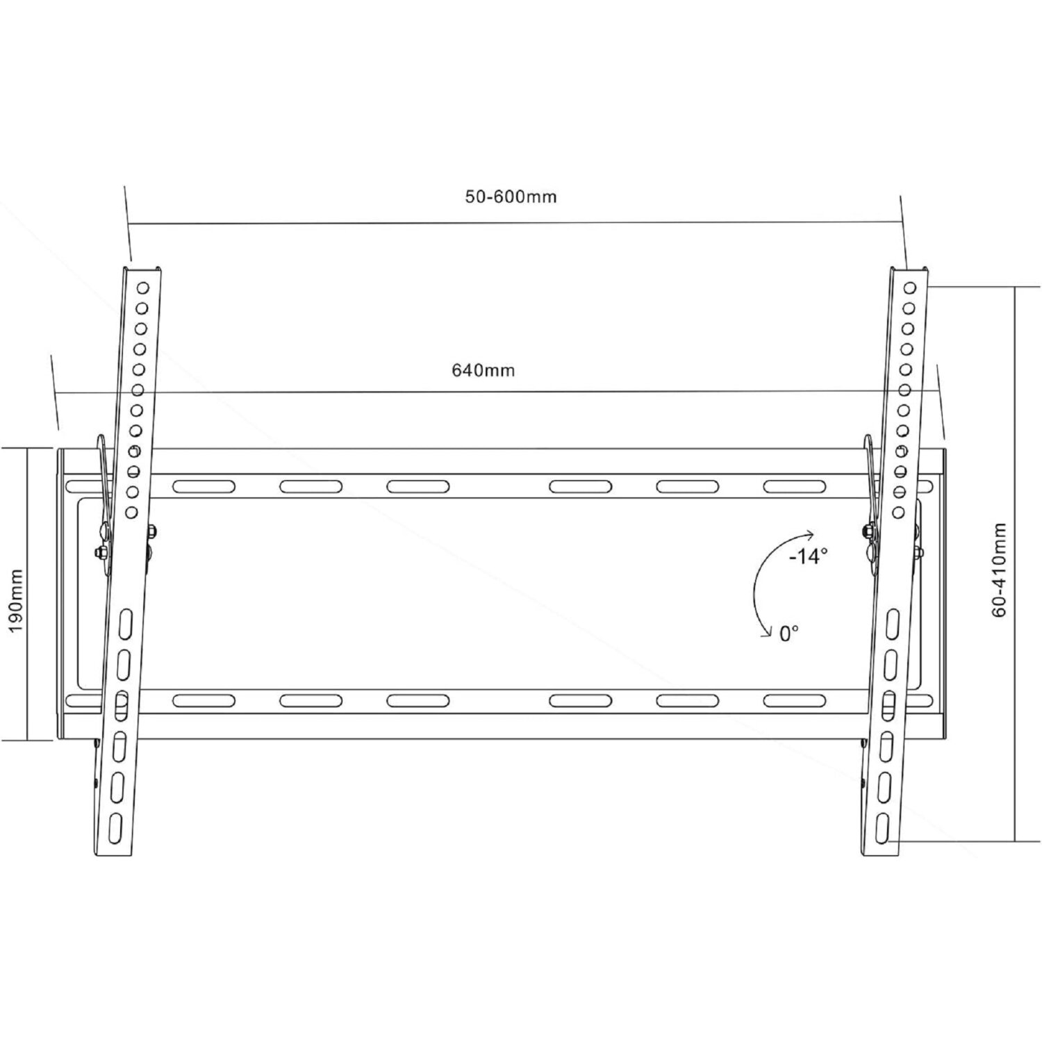 Diagramm einer TV-Wandhalterung mit beschrifteten Abmessungen und Winkeln.