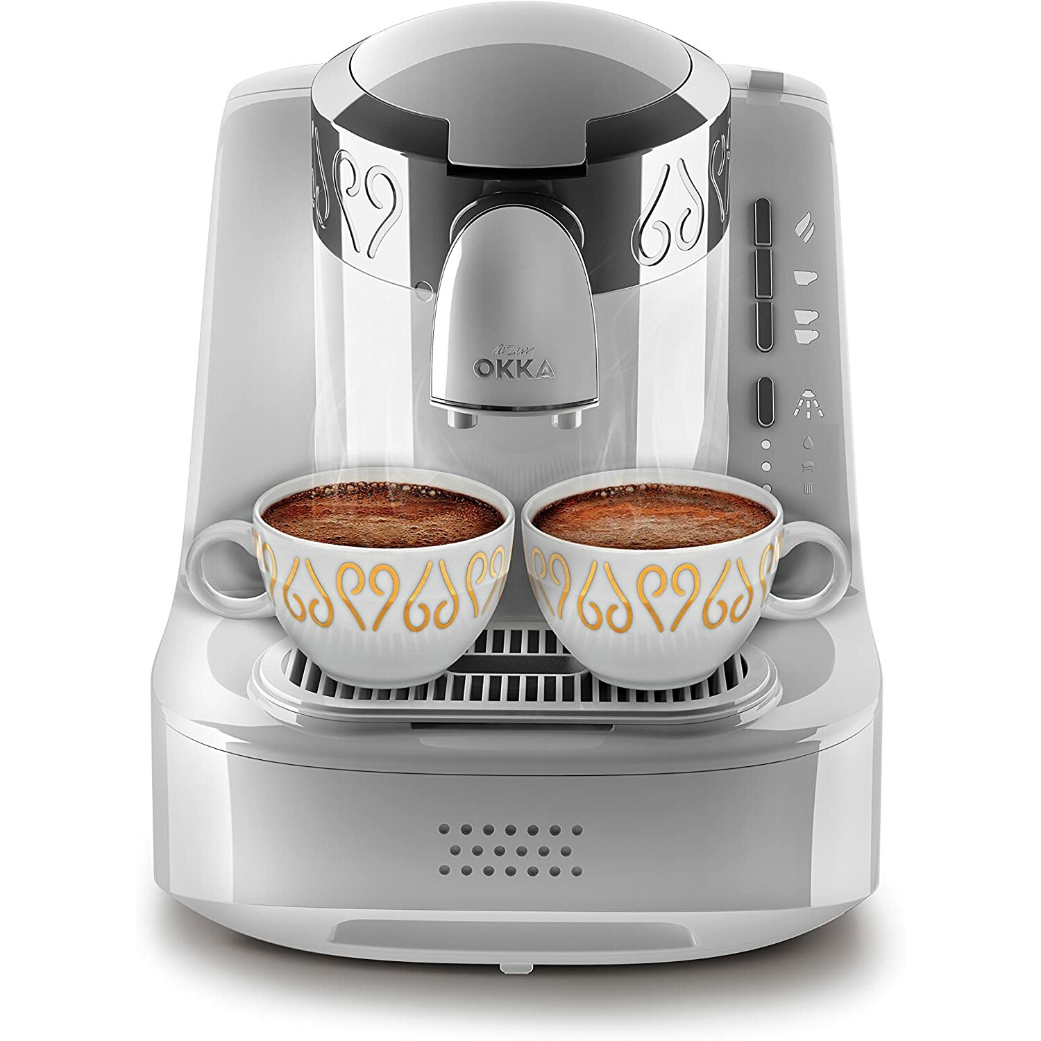 Weiß-graue Kaffeemaschine mit zwei Kaffeetassen. Dampfend. Weißer Hintergrund.