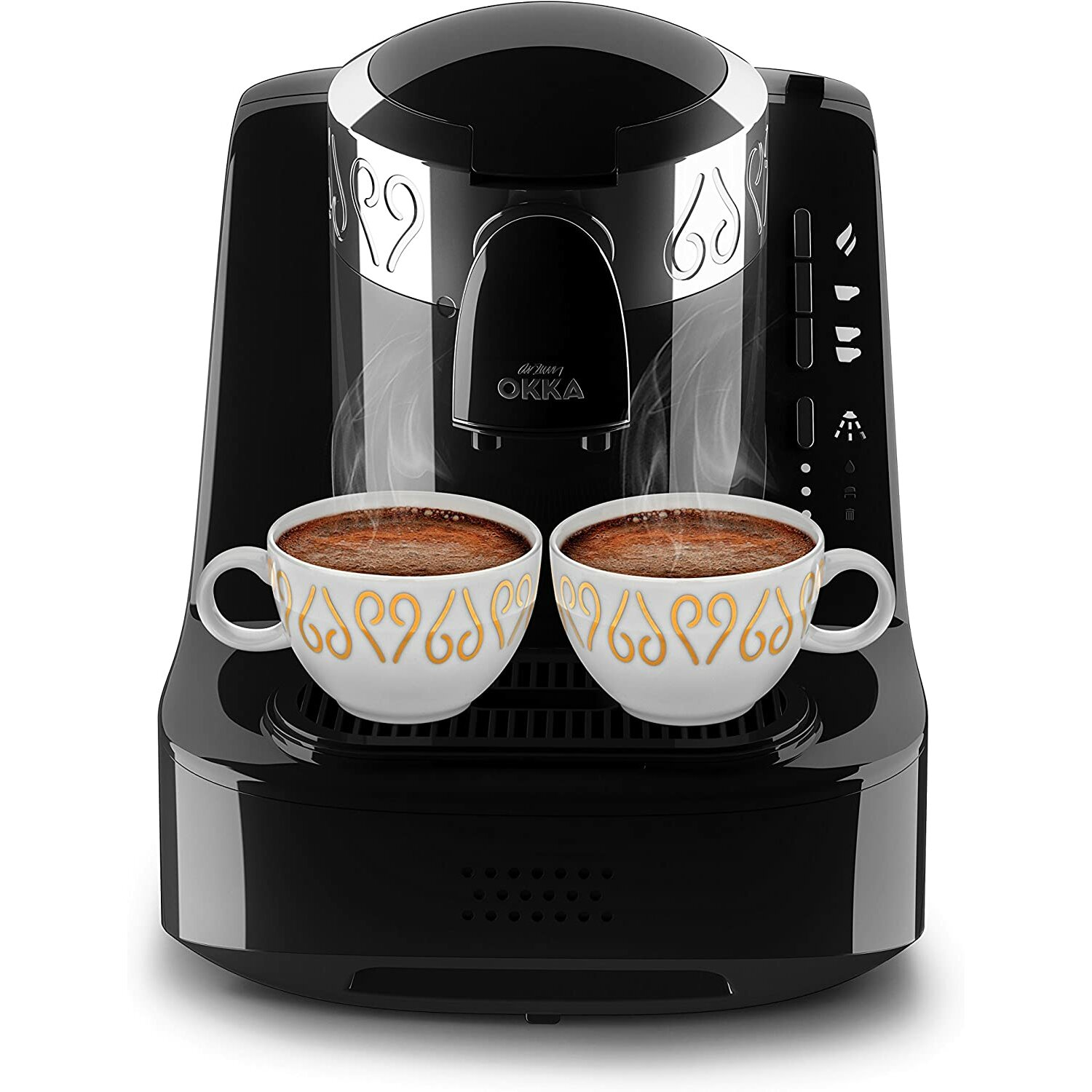 Eine schwarze Kaffeemaschine mit zwei weißen Tassen. Die Tassen haben goldene Designs.