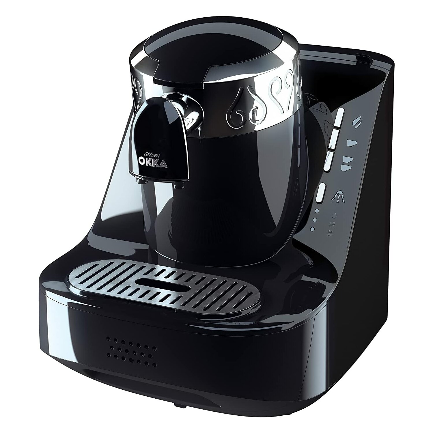 Schwarz-silberne Arzum OKKA Kaffeemaschine mit schlankem, modernem Design.
