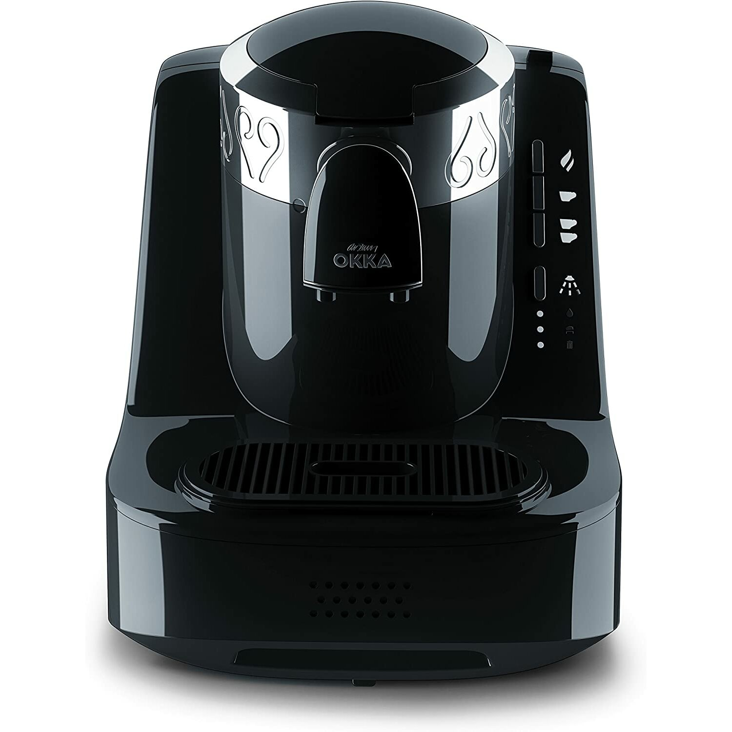 Schwarze Kaffeemaschine mit silbernen Akzenten. Sie hat Knöpfe und eine Tropfschale. Weißer Hintergrund.