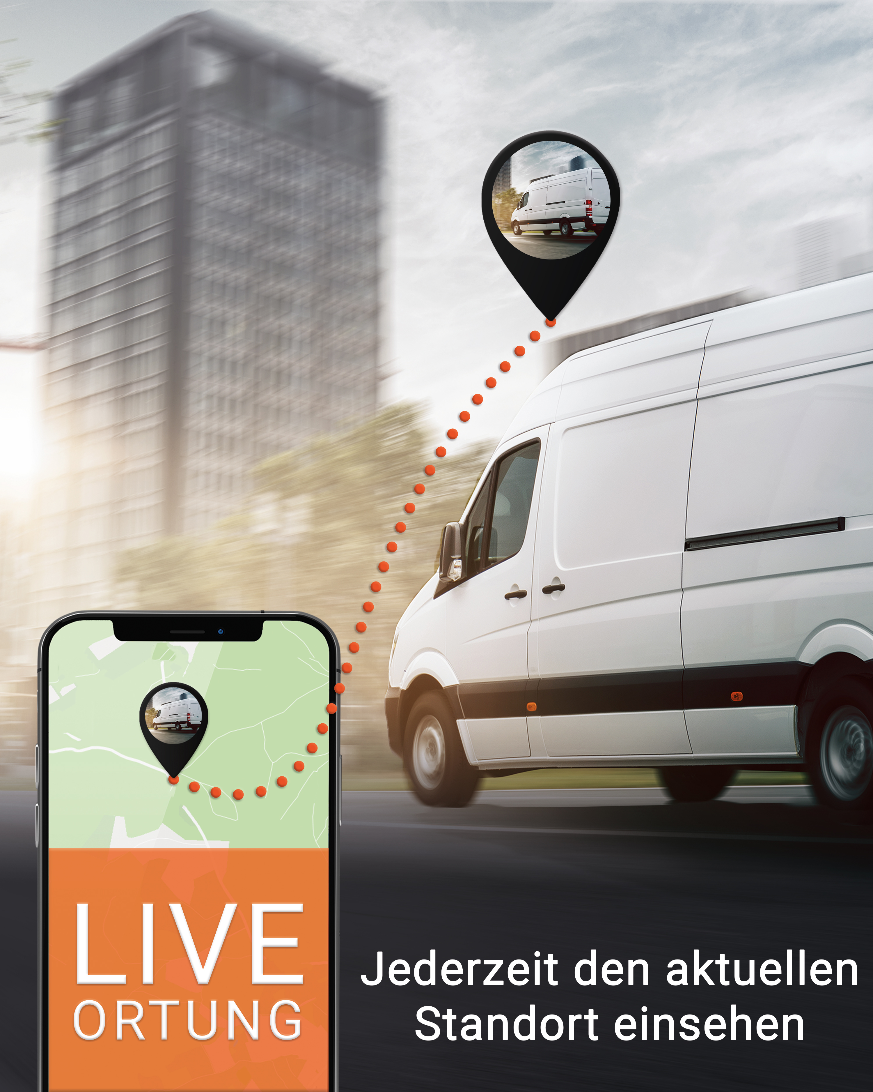 Ein weißer Transporter auf einer Straße. Ein Smartphone zeigt eine Karte mit dem Standort des Transporters an.