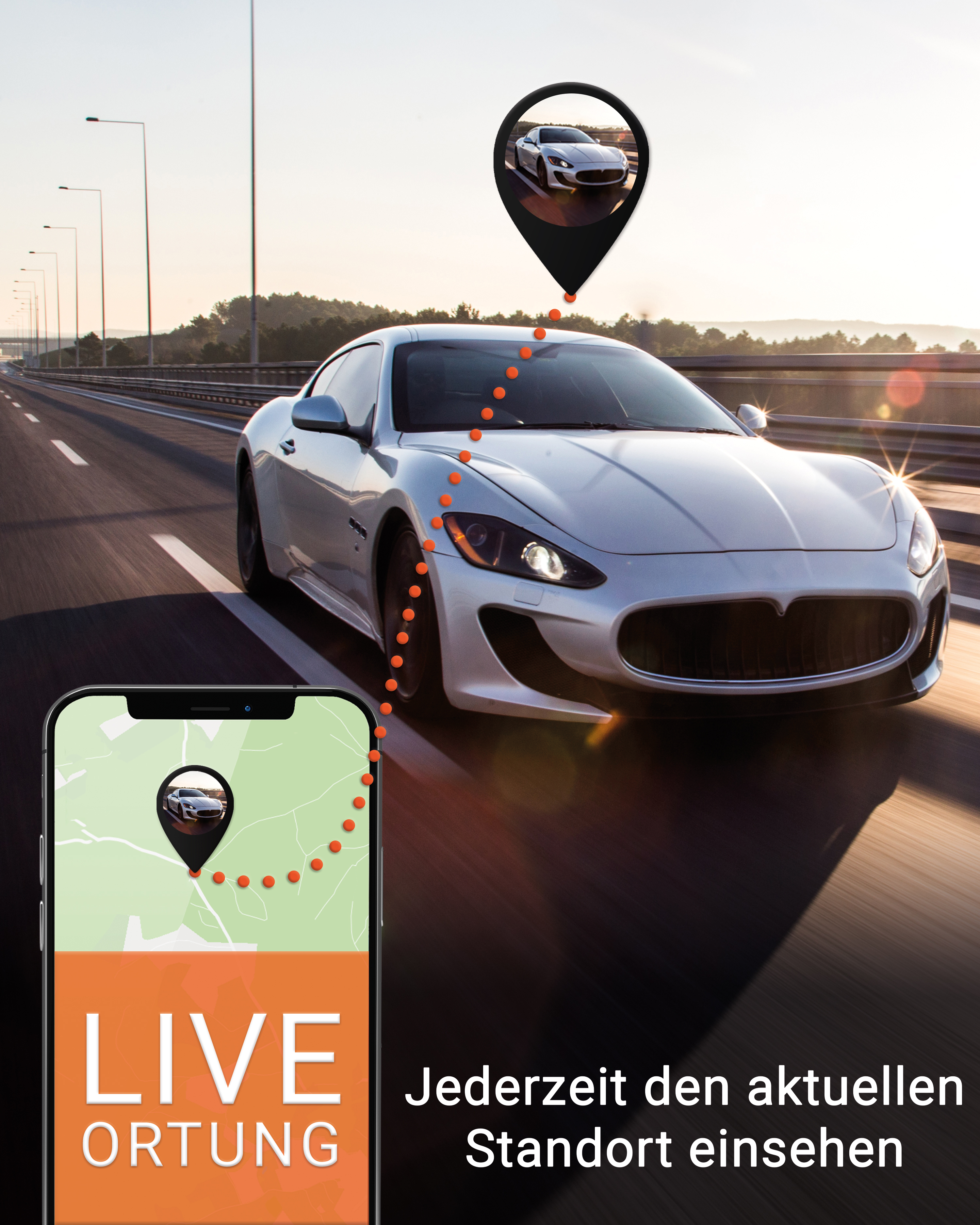 Auto-App, die den Standort des Autos auf einer Straße zeigt. Ein Autosymbol oben. Die Worte 'LIVE ORTUNG'.