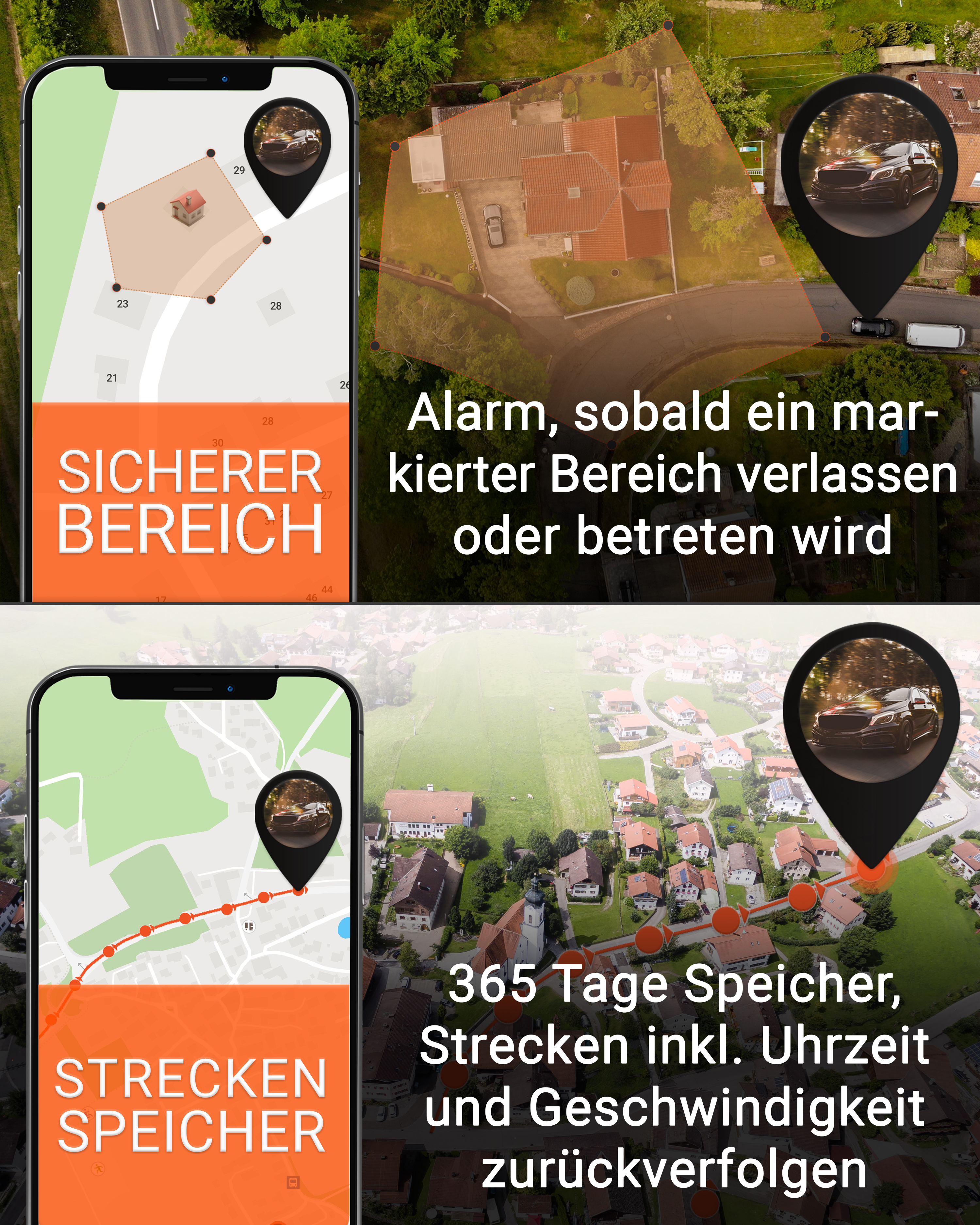 Screenshots mit Kartenansichten, die den Standort und die Reisehistorie eines Autos auf einem Telefon zeigen.