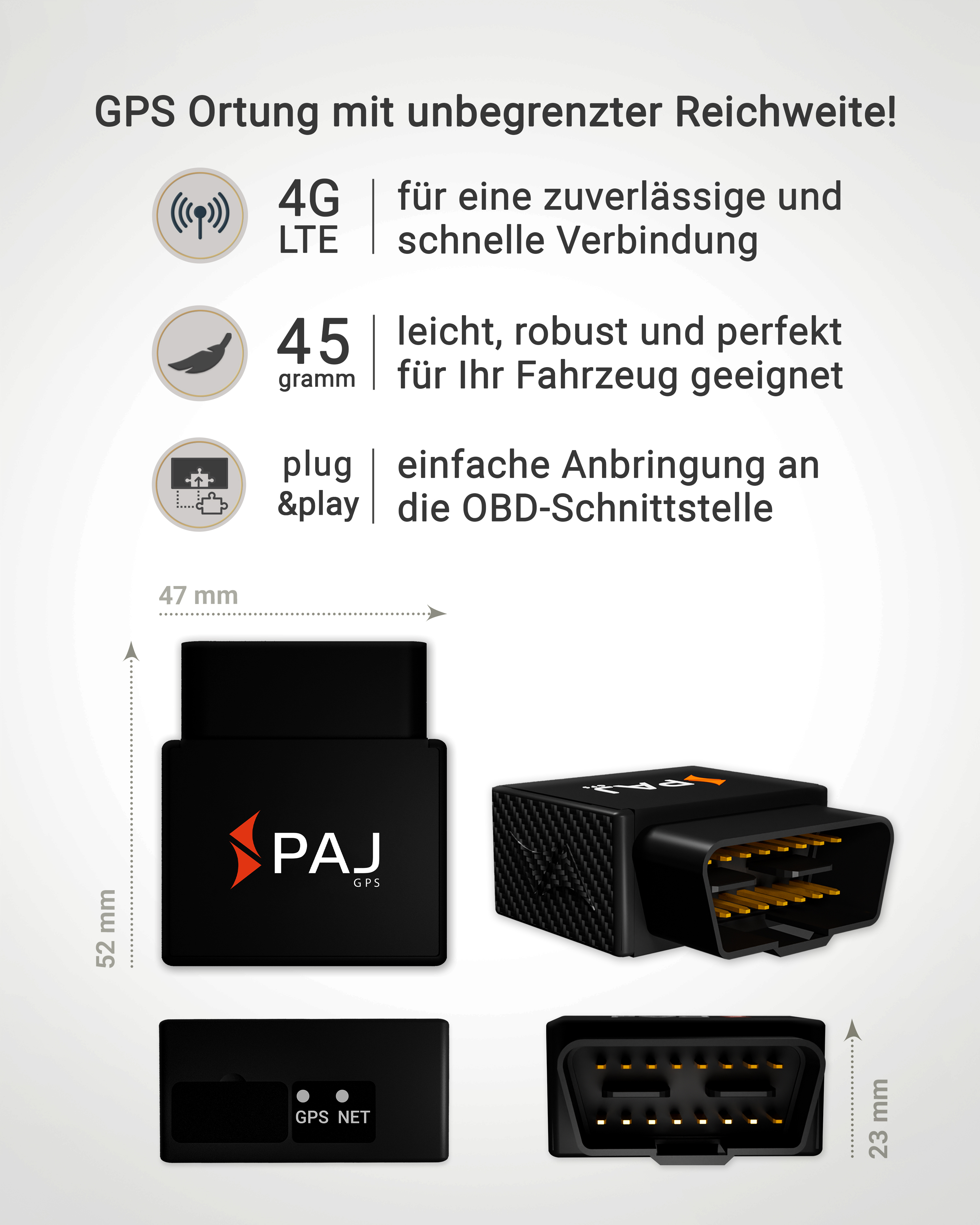 Ein schwarzes GPS-Gerät mit Abmessungen und Text auf Deutsch.