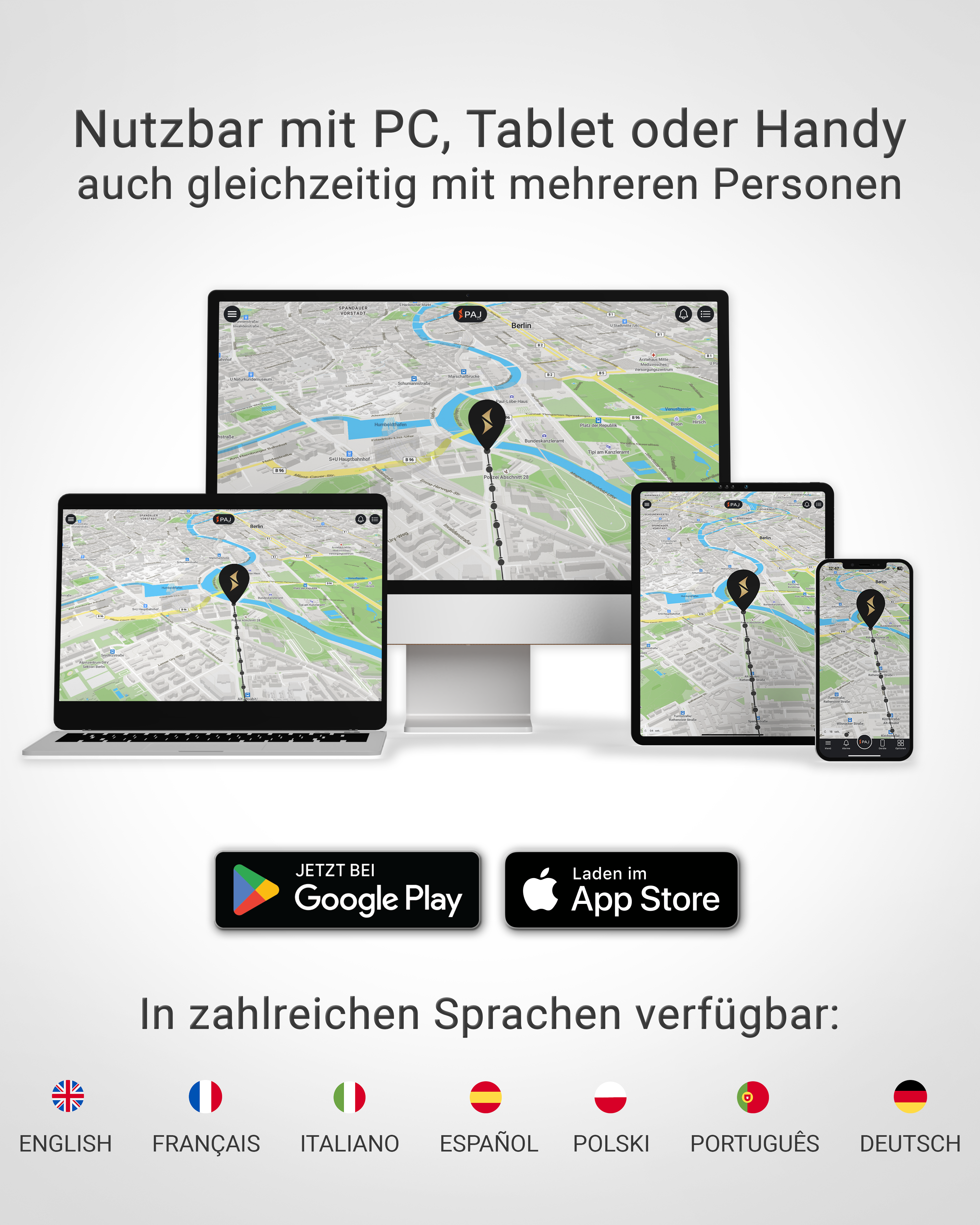 Mehrere Geräte mit einer Karte auf dem Bildschirm. App-Logos für Google Play und App Store.