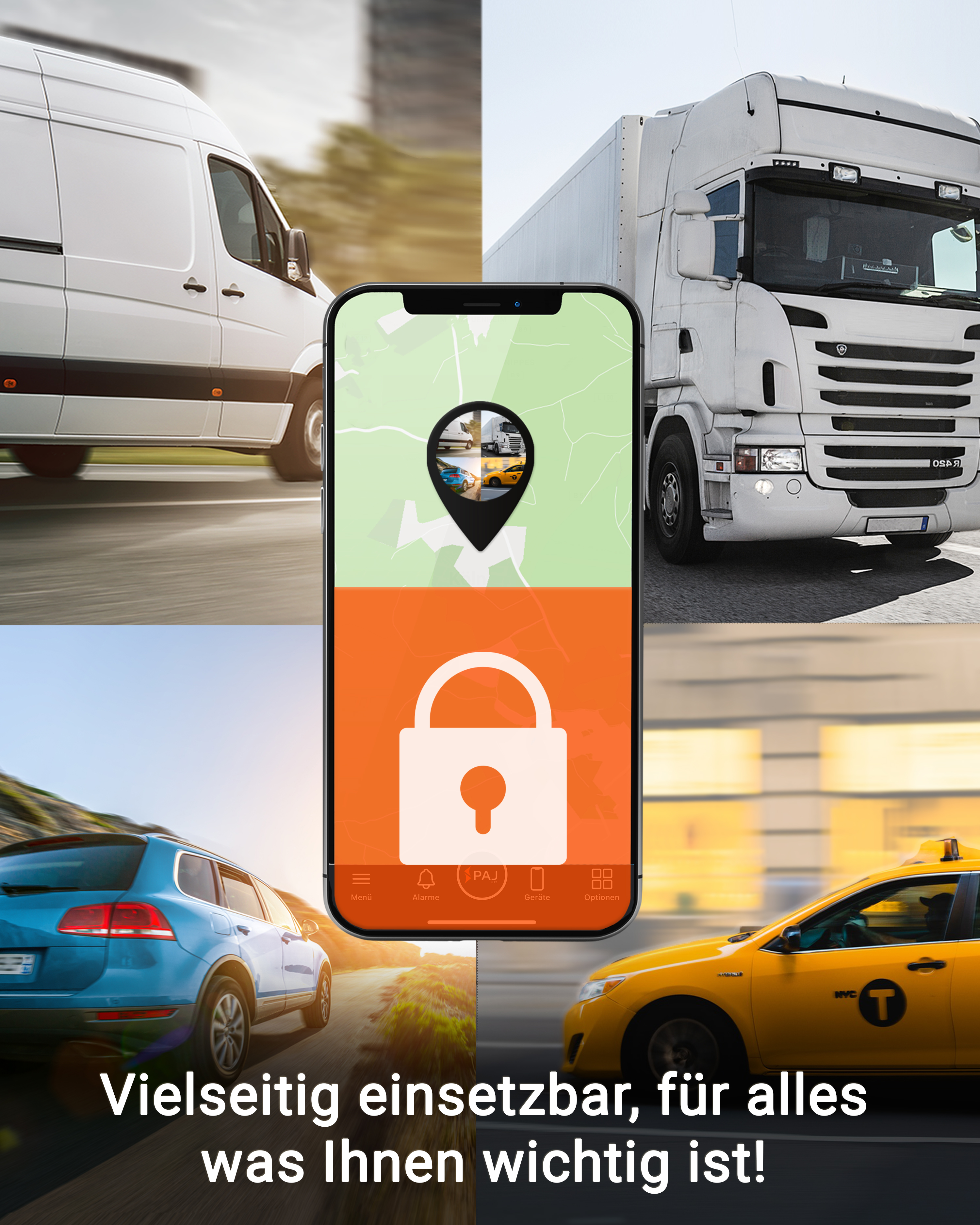 Smartphone-Bildschirm mit App, Karte, Autos, Lkw und Schloss-Symbol.