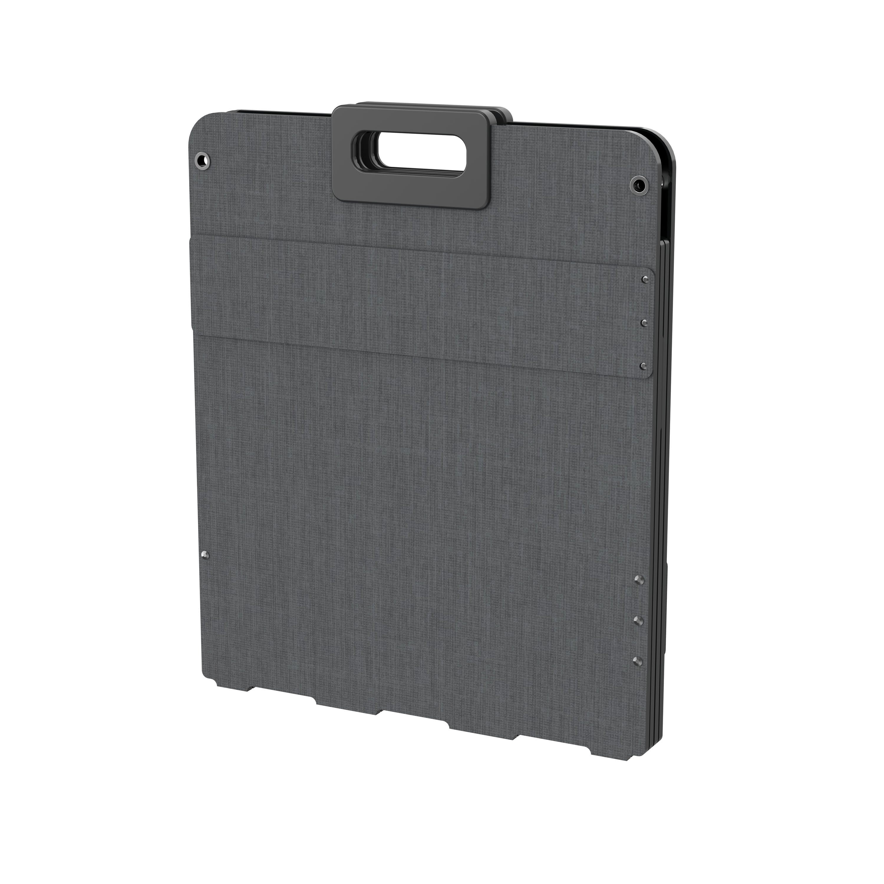 Składana szara tablica z tkaniny z czarnym uchwytem, zamknięta i gotowa do transportu.