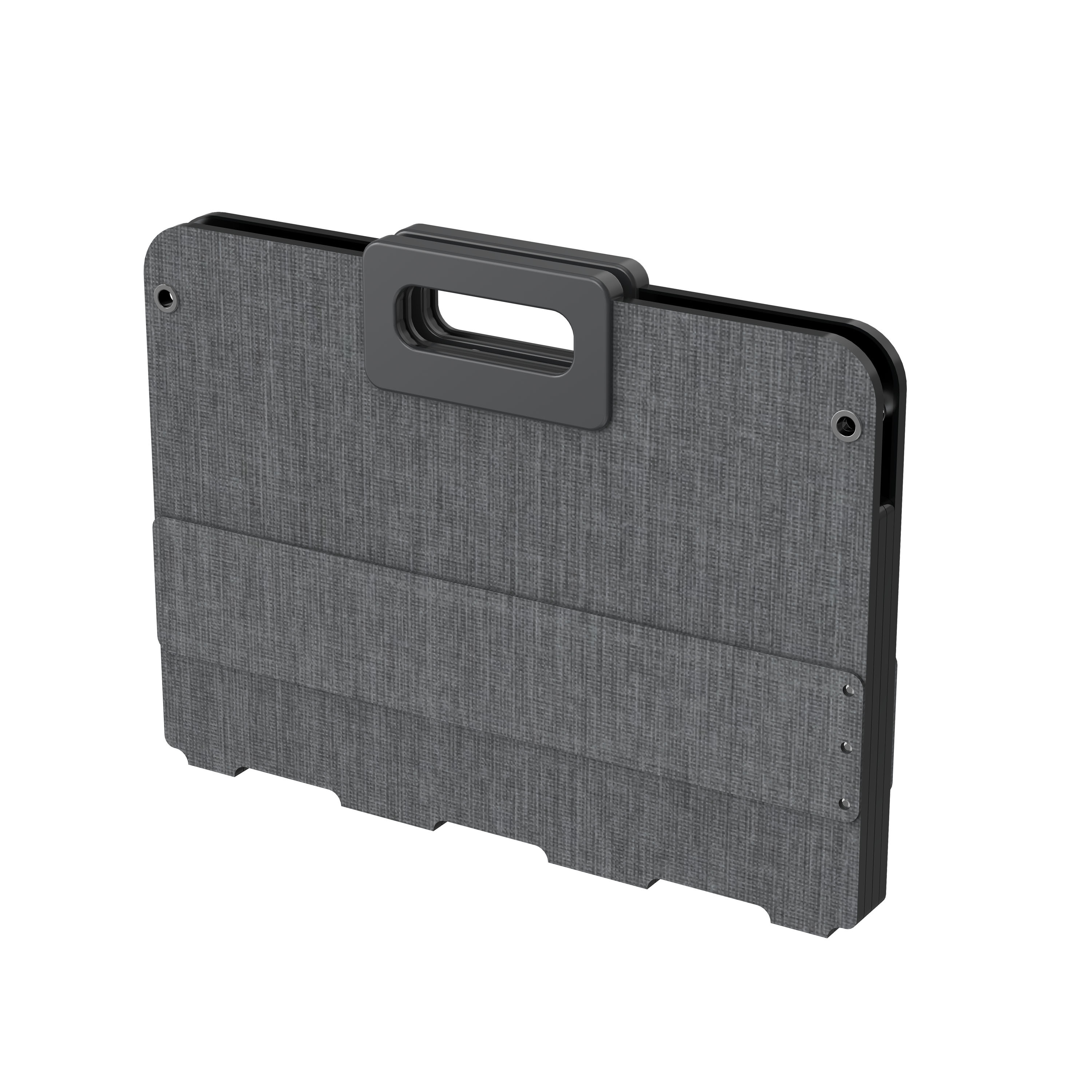 Szara, prostokątna aktówka z uchwytem. Aktówka jest zamknięta na białym tle.