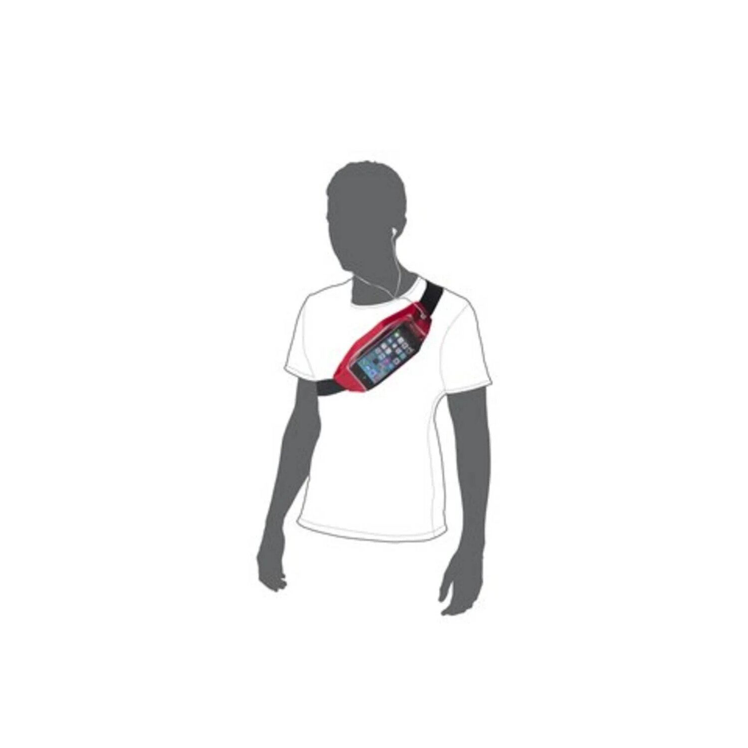 Una persona con una camicia bianca che indossa un marsupio rosso con un telefono visibile. Lo sfondo è bianco.