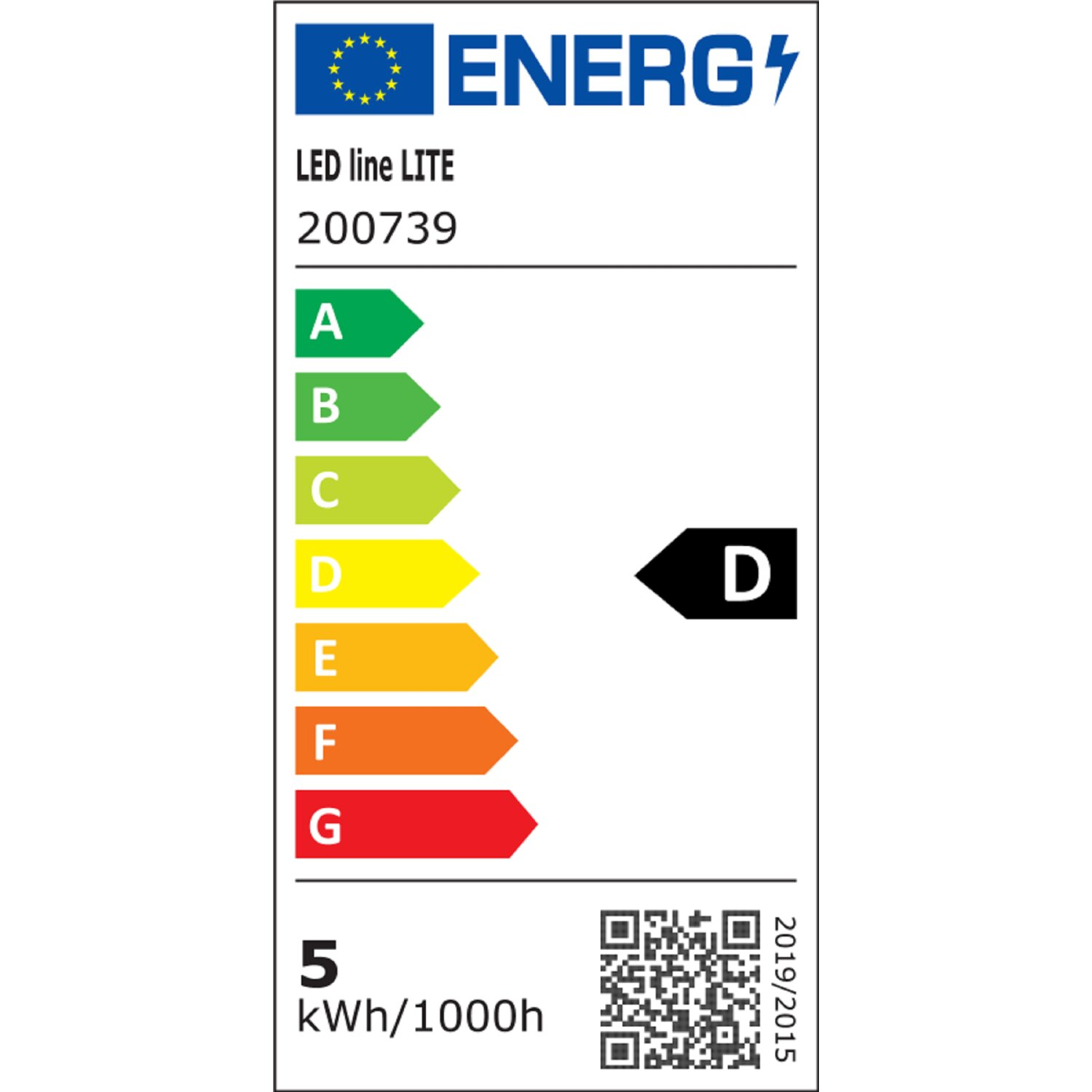 Etichetta di efficienza energetica che mostra la classe D, con dettagli sui kWh/1000h.