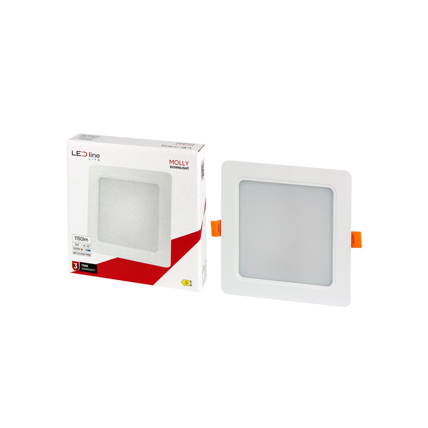 Eine weiße quadratische LED-Leuchte neben ihrer Box, beide auf weißem Untergrund.