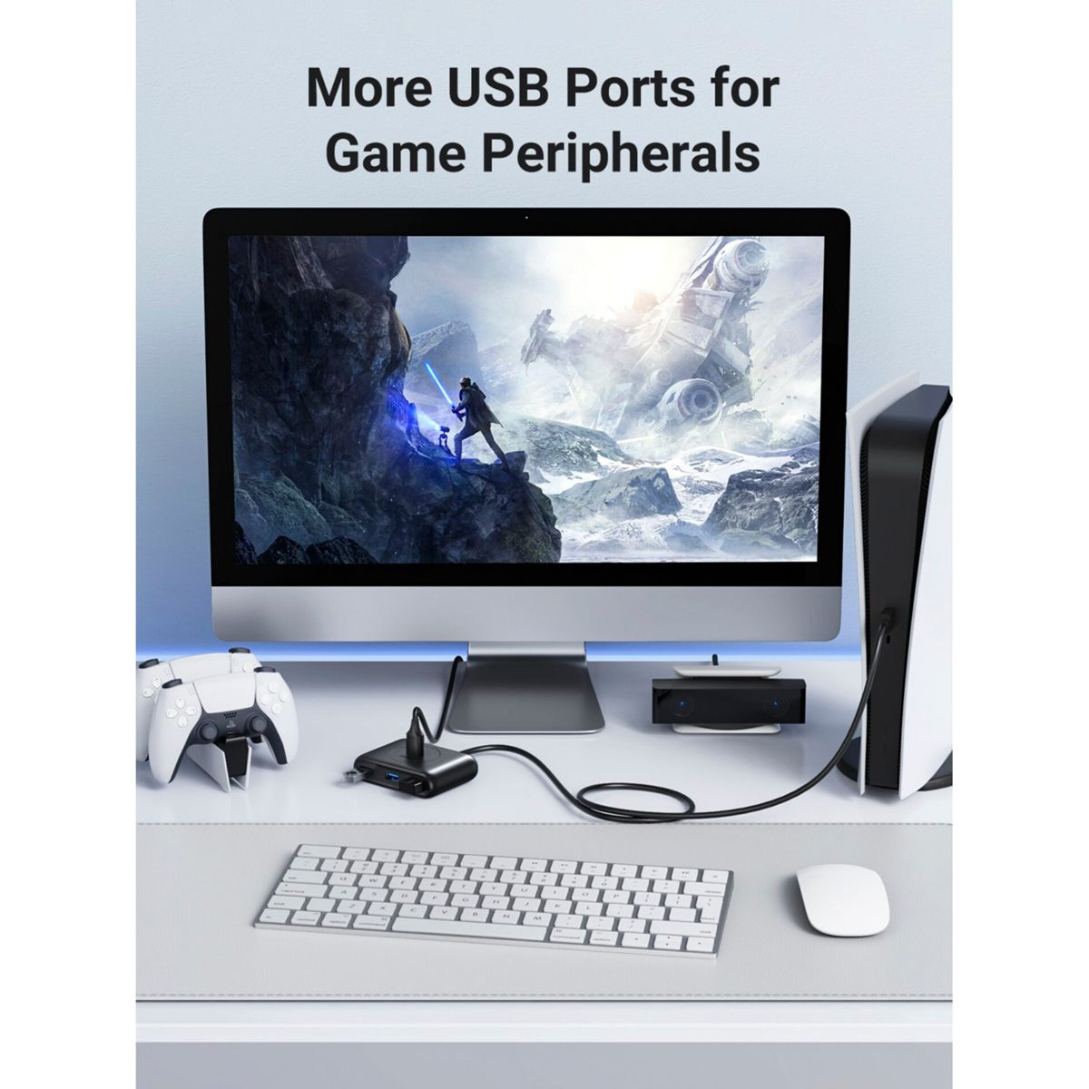 Zestaw komputerowy z monitorem, klawiaturą, myszą, kontrolerem i koncentratorem USB.