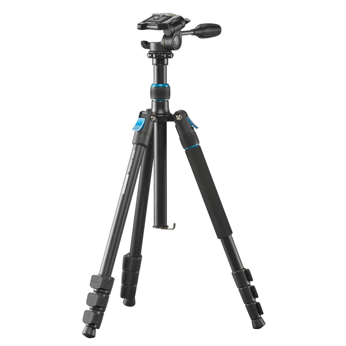 Trípode negro con detalles azules. Tres patas extendidas.