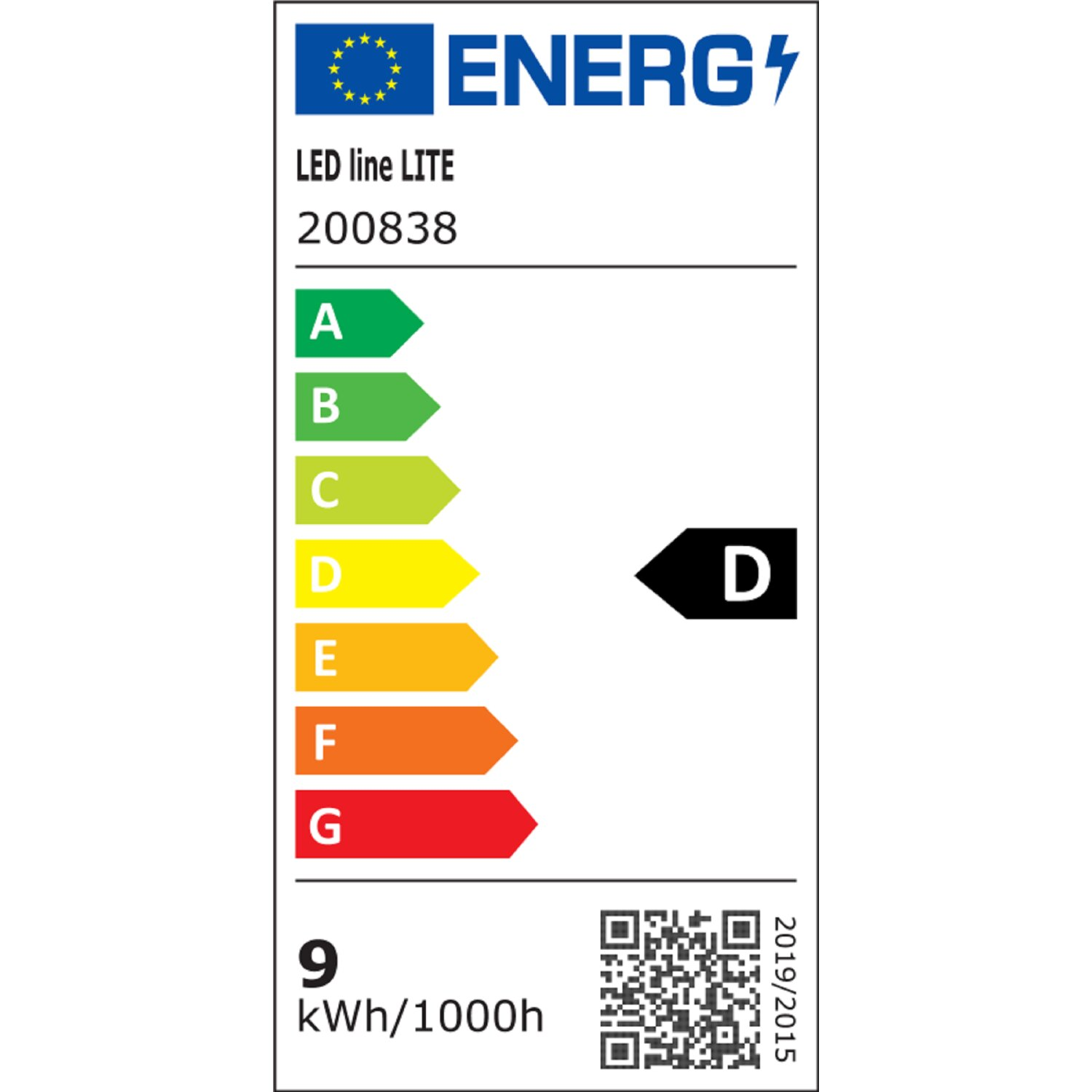 Etichetta efficienza energetica per una luce LED, classe energetica D.
