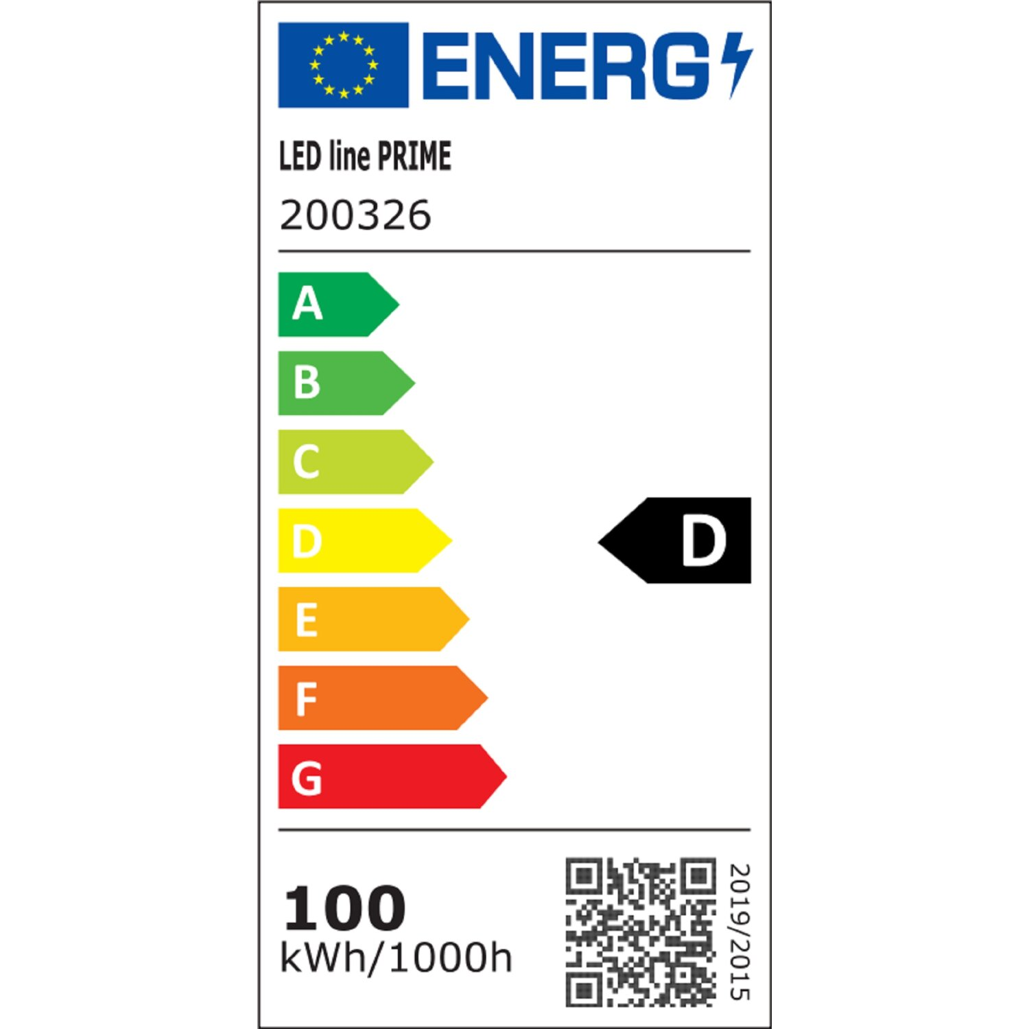 Etichetta energetica con valutazioni da A a G, con la D evidenziata.