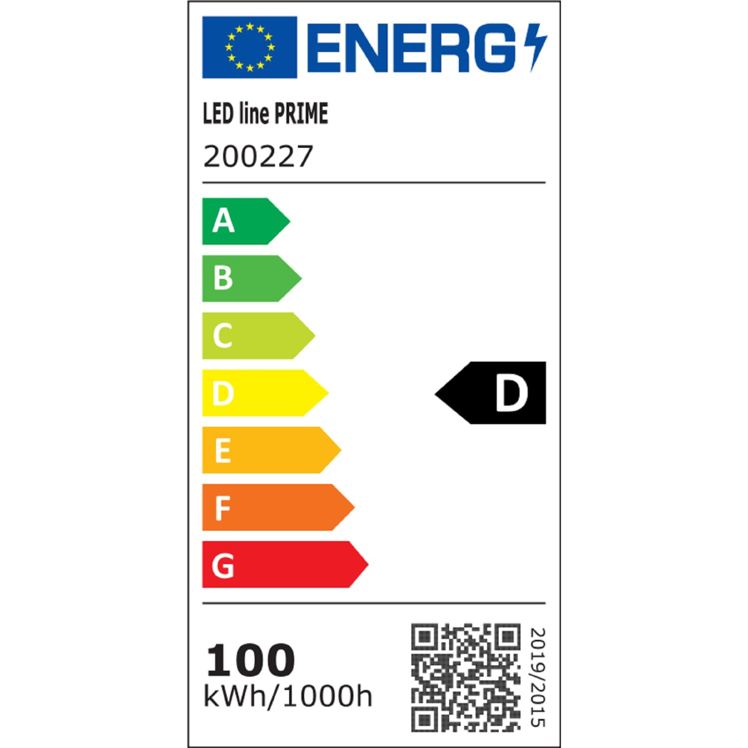Etichetta di efficienza energetica con classificazione D nera e bande colorate.