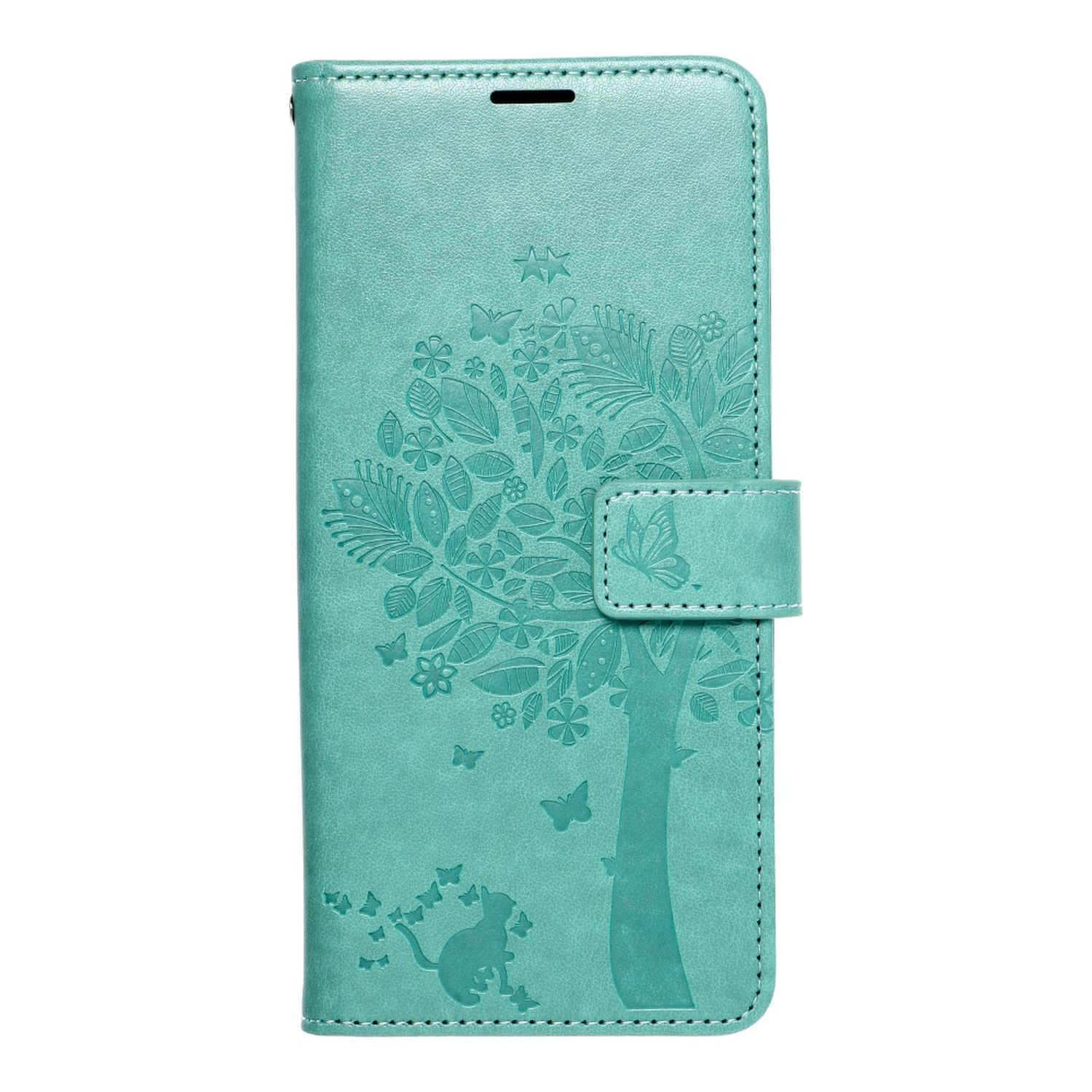 Custodia per telefono verde acqua chiusa, con un disegno di albero e farfalle. Sfondo bianco.