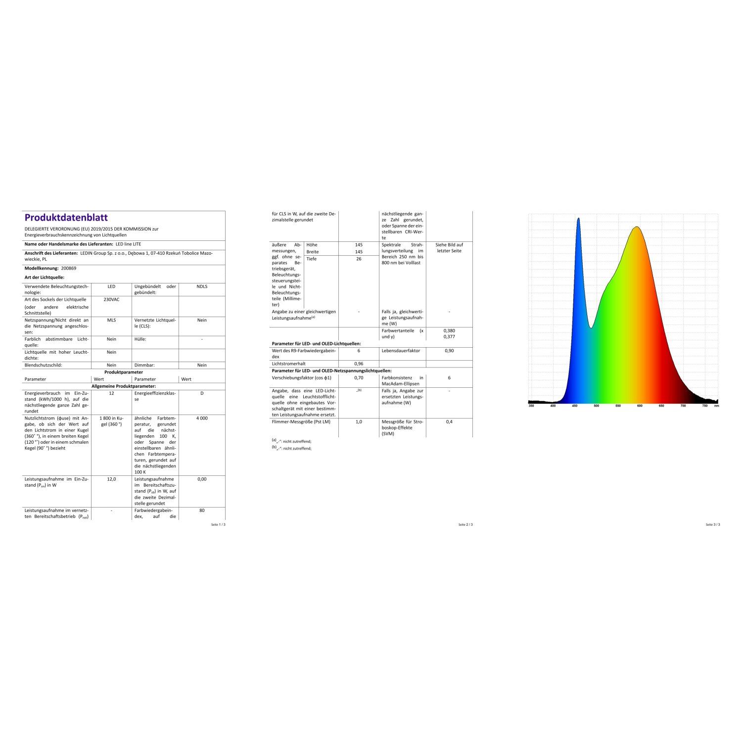 Scheda tecnica del prodotto con testo e un grafico dello spettro cromatico.